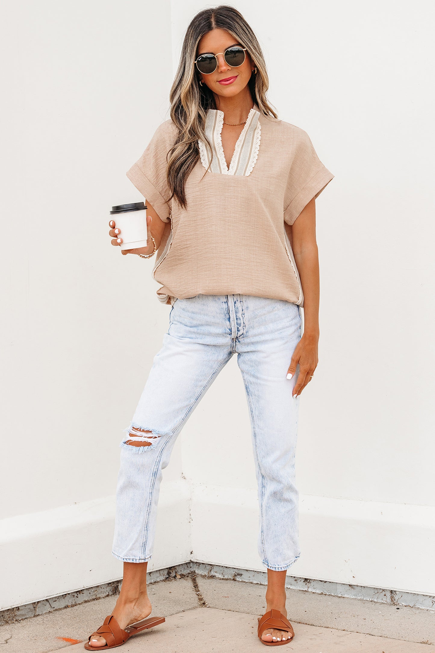 Parchment Crochet Lace Accent Pullover Rolled Short Sleeve Blouse-Tops/Blouses & Shirts-[Adult]-[Female]-2022 Online Blue Zone Planet