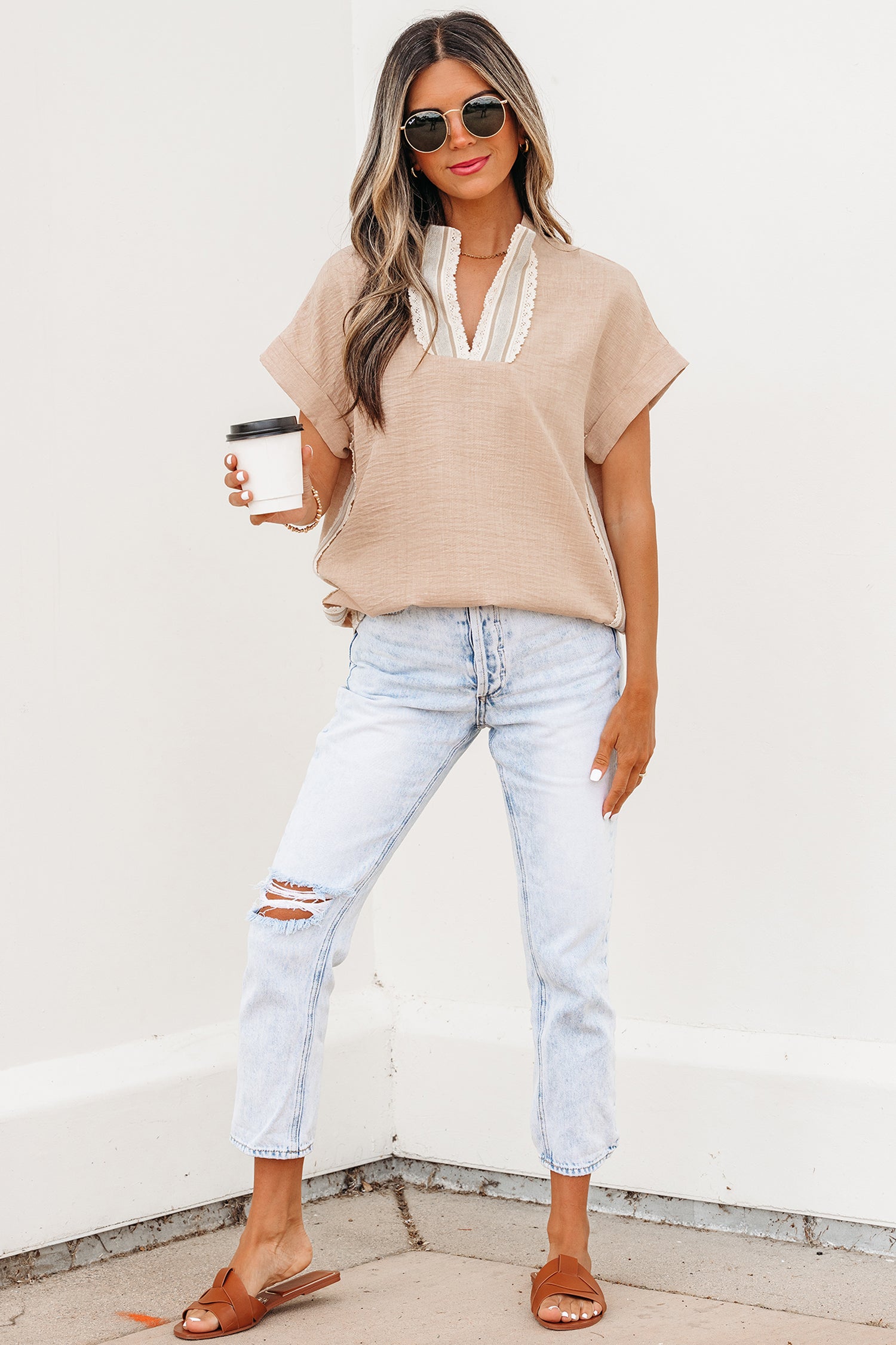 Parchment Crochet Lace Accent Pullover Rolled Short Sleeve Blouse-Tops/Blouses & Shirts-[Adult]-[Female]-2022 Online Blue Zone Planet