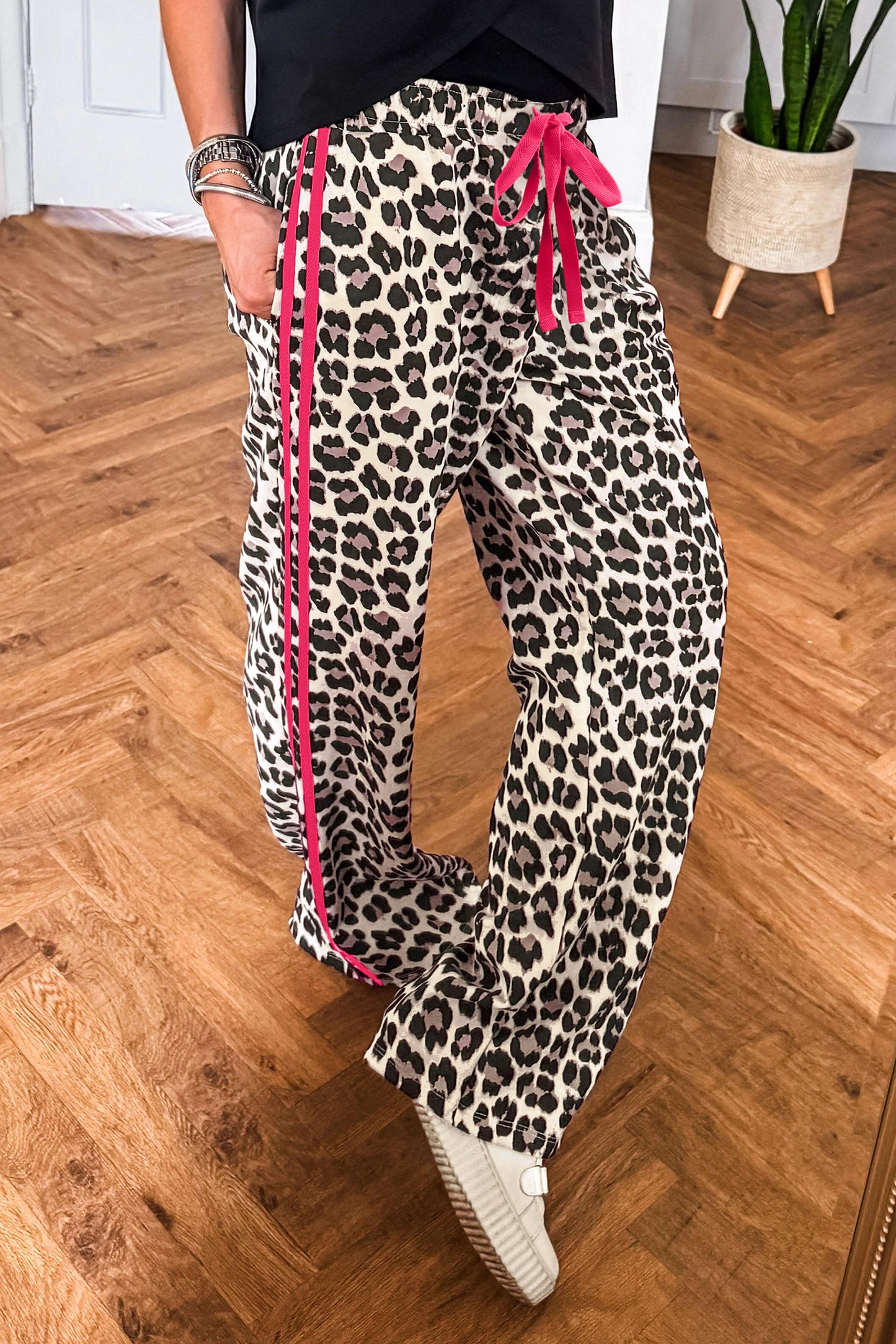 Rose Side Stripe Leopard Wide leg Trousers-Bottoms/Pants & Culotte-[Adult]-[Female]-Rose-S-2022 Online Blue Zone Planet