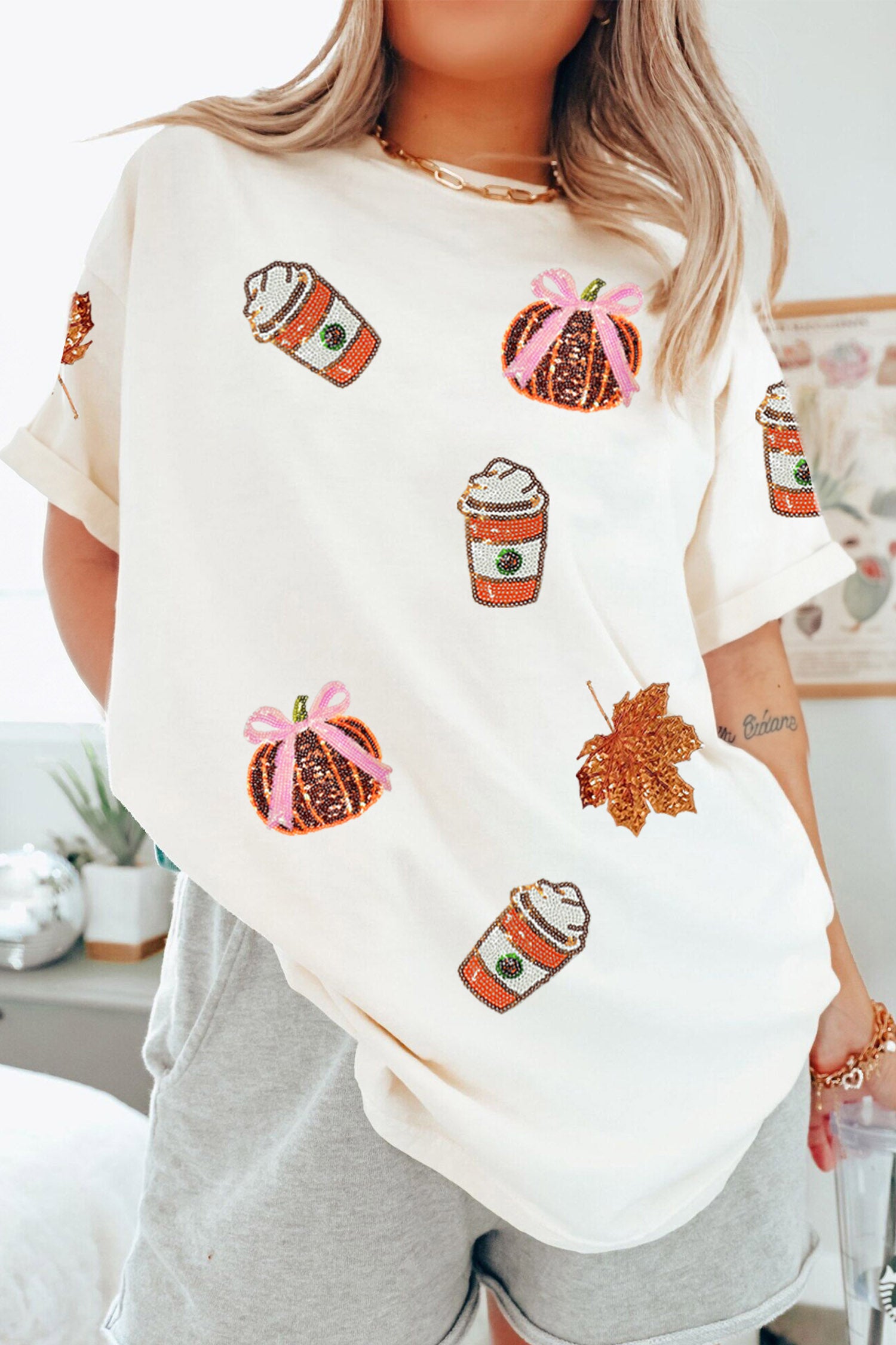 White Sequined Pumpkin Fall Graphic Casual Shift T Shirt-Graphic/Graphic Tees-[Adult]-[Female]-2022 Online Blue Zone Planet