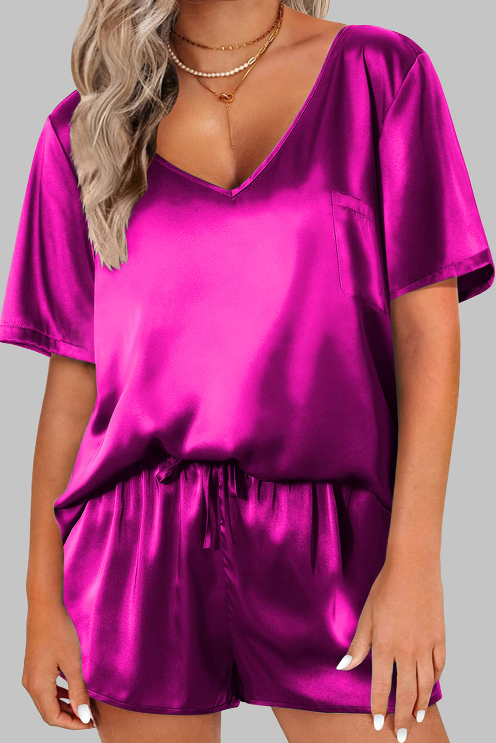 Bright Pink Satin V Neck Tee and Drawstring Shorts Set-Loungewear & Sleepwear/Sleepwear-[Adult]-[Female]-Bright Pink-S-2022 Online Blue Zone Planet