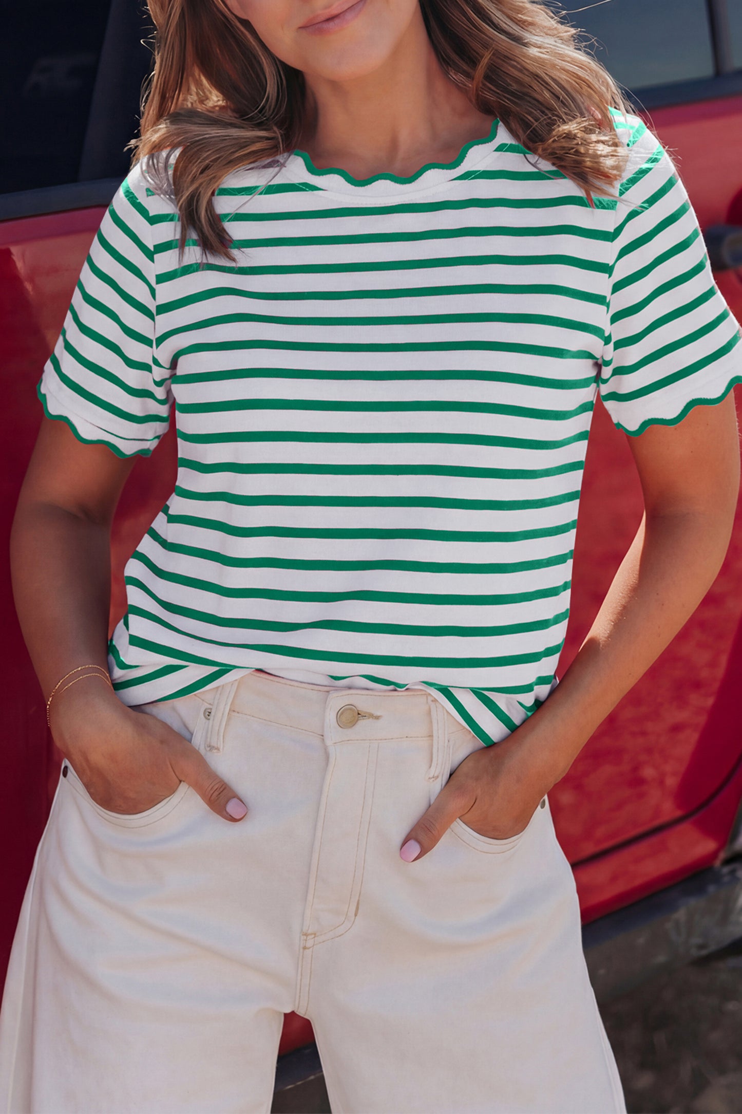 Pink Stripe Scalloped Trim Round Neck T Shirt-Tops/Tops & Tees-[Adult]-[Female]-Green Stripe-S-2022 Online Blue Zone Planet