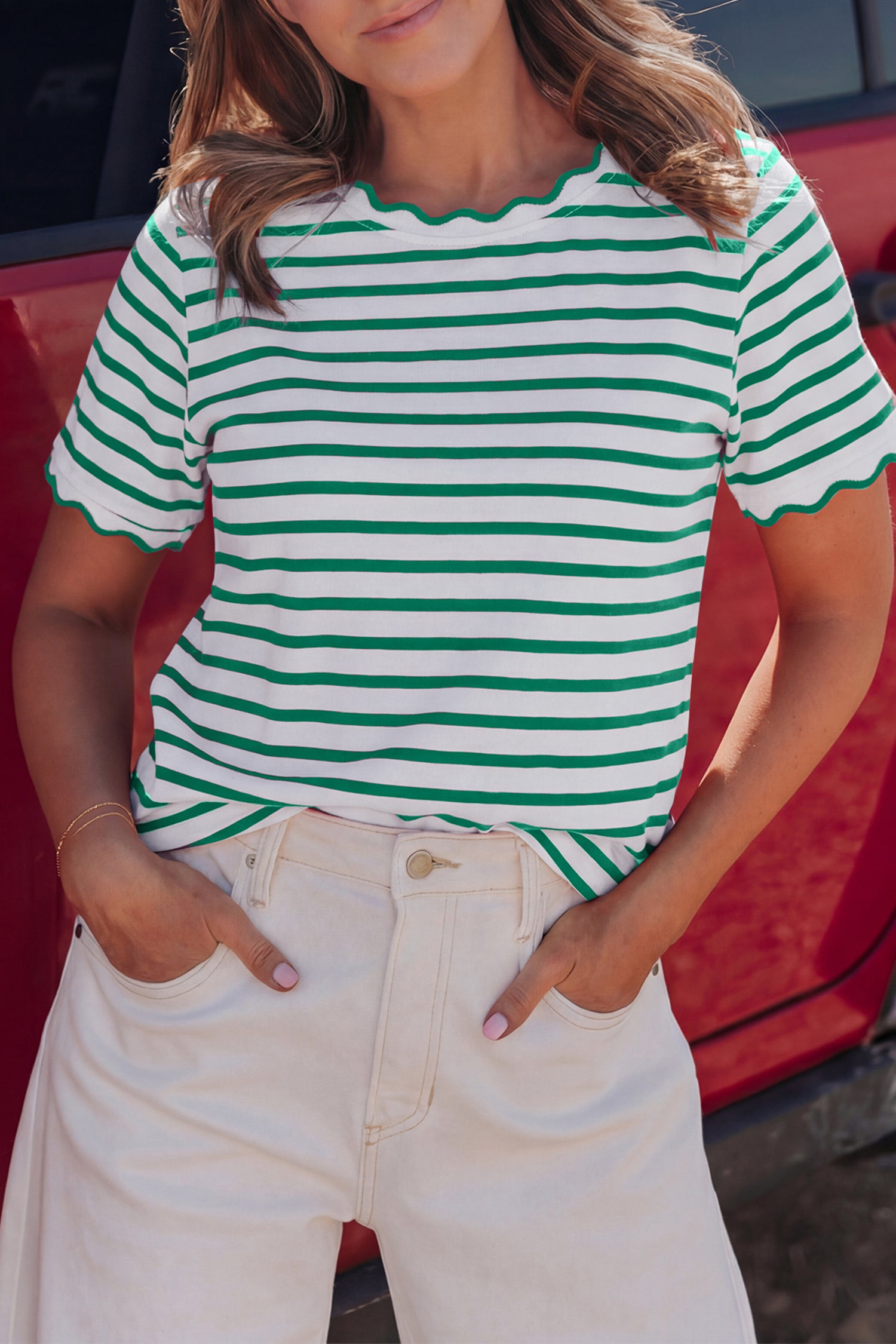 Pink Stripe Scalloped Trim Round Neck T Shirt-Tops/Tops & Tees-[Adult]-[Female]-Green Stripe-S-2022 Online Blue Zone Planet