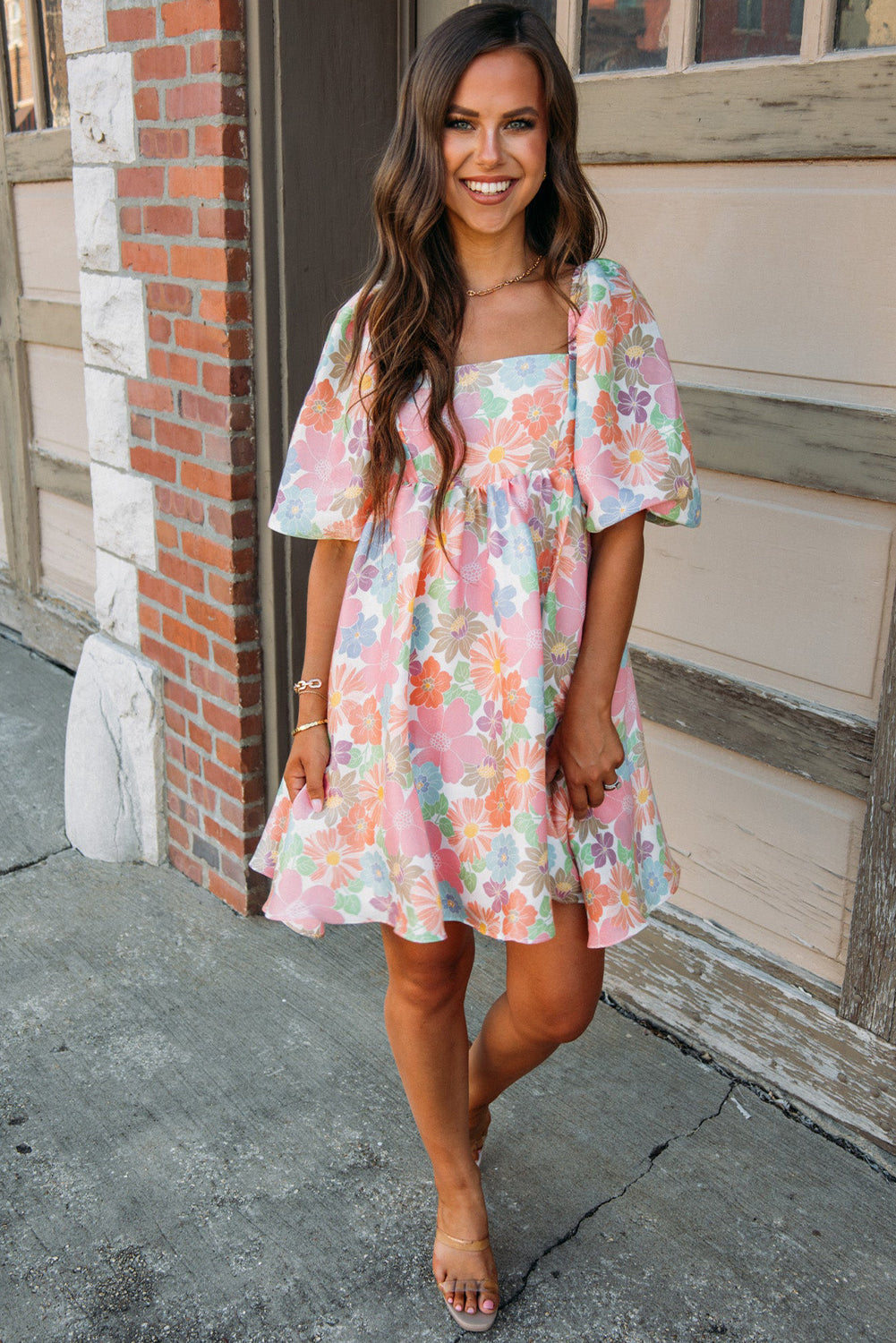 Blue Zone Planet |  Pink Summer Floral Square Neck Puff Sleeve Babydoll Dress Blue Zone Planet