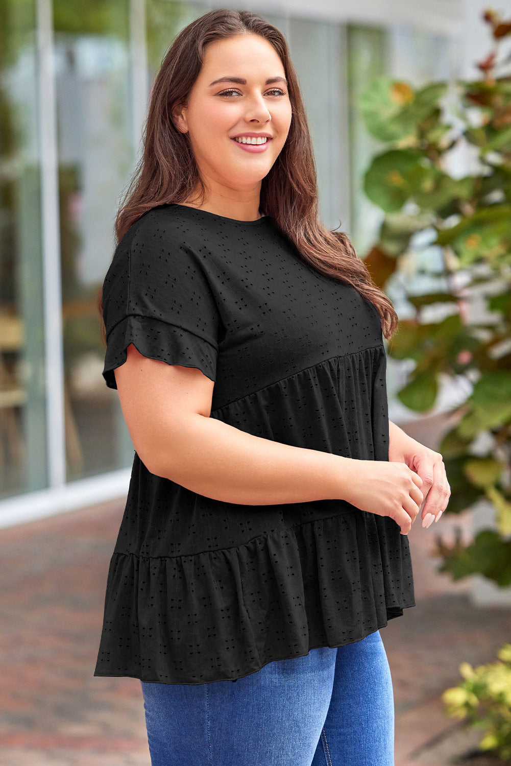 Plus Size Eyelet Round Neck Short Sleeve Blouse-TOPS / DRESSES-[Adult]-[Female]-Black-1XL-2022 Online Blue Zone Planet