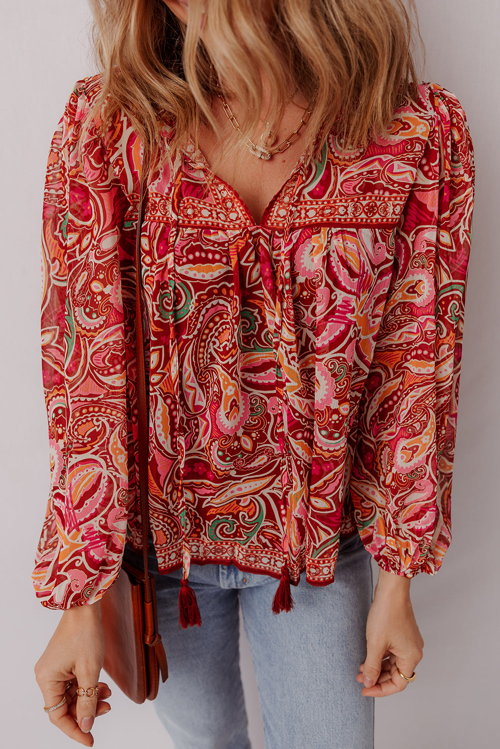 Multicolour Ethnic Paisley Print Tassel Tie Puff Sleeve Boho Blouse-Tops/Blouses & Shirts-[Adult]-[Female]-2022 Online Blue Zone Planet