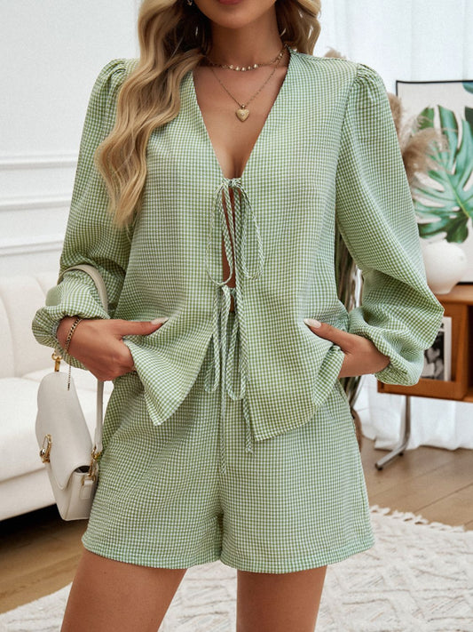 Blue Zone Planet | Devine Tied Long Sleeve Top and Shorts Set-TOPS / DRESSES-[Adult]-[Female]-Sage-S-2022 Online Blue Zone Planet