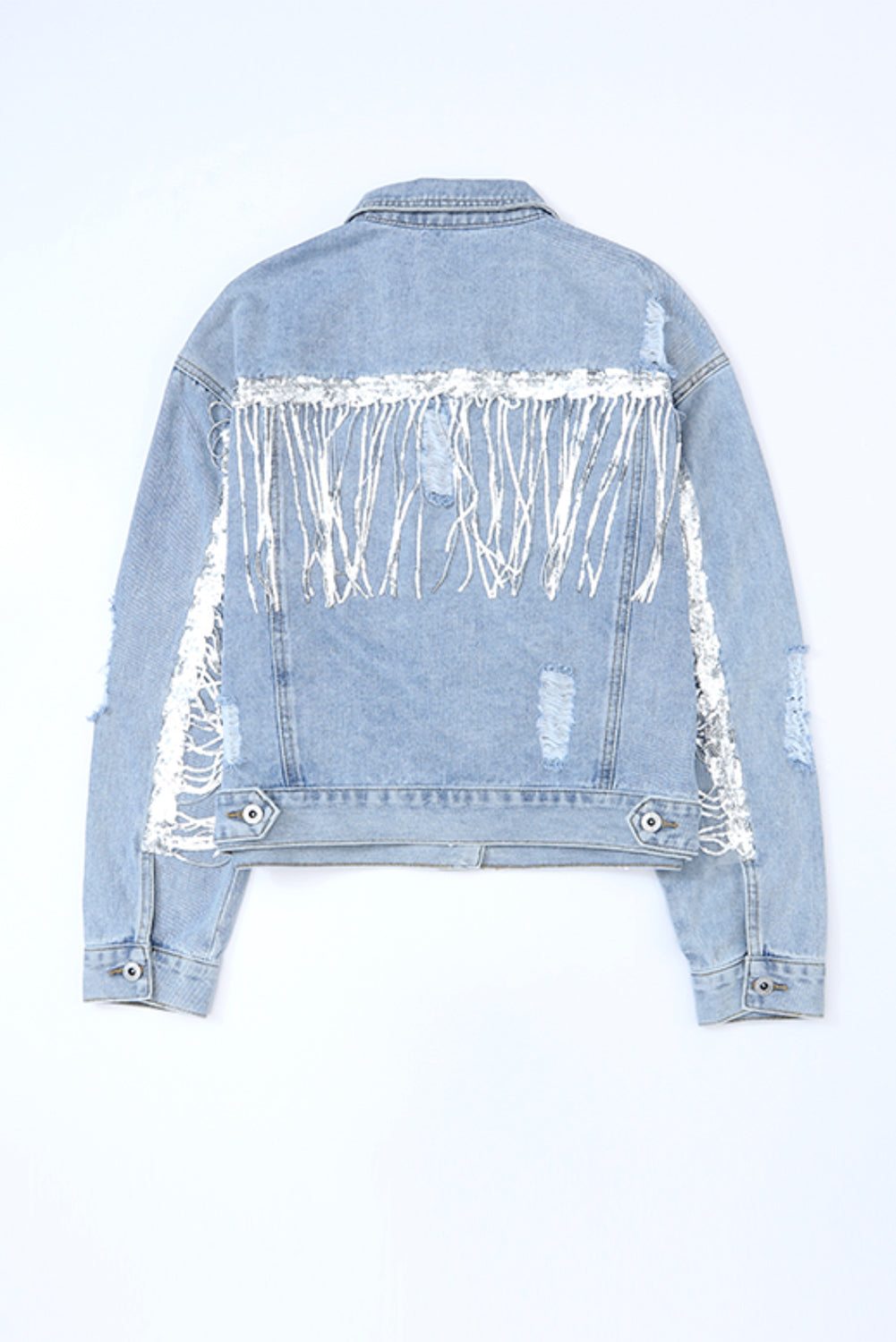 Sequin Fringe Trim Distressed Button Up Denim Jacket-TOPS / DRESSES-[Adult]-[Female]-2022 Online Blue Zone Planet