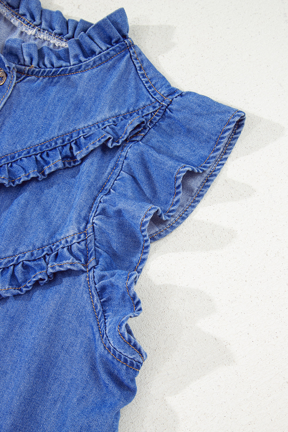 Sky Blue Mineral Wash Cap Sleeve Frilled Button Up Denim Shirt-Tops/Blouses & Shirts-[Adult]-[Female]-2022 Online Blue Zone Planet
