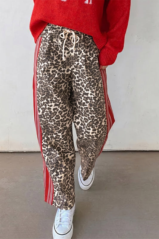 Brown Leopard Patchwork Elastic Waist Jeans-Bottoms/Jeans-[Adult]-[Female]-Brown-4-2022 Online Blue Zone Planet