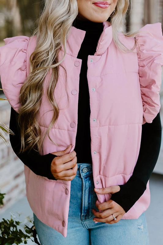 Pink Stand Neck Flutter Sleeve Snap Button Puffer Vest-Outerwear/Vests-[Adult]-[Female]-Pink-S-2022 Online Blue Zone Planet