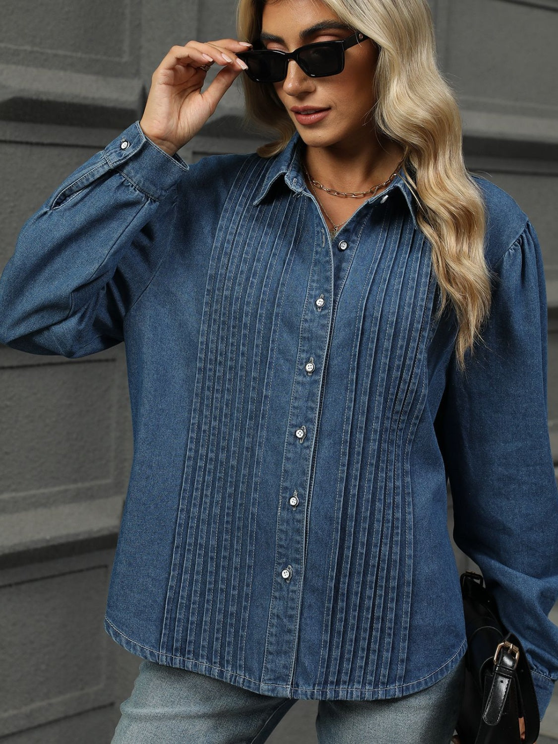 Button Down Collared Neck Long Sleeve Denim Top-TOPS / DRESSES-[Adult]-[Female]-2022 Online Blue Zone Planet