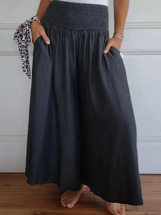 Full Size Smocked Wide Leg Pants with Pockets-BOTTOMS SIZES SMALL MEDIUM LARGE-[Adult]-[Female]-Black-S-2022 Online Blue Zone Planet