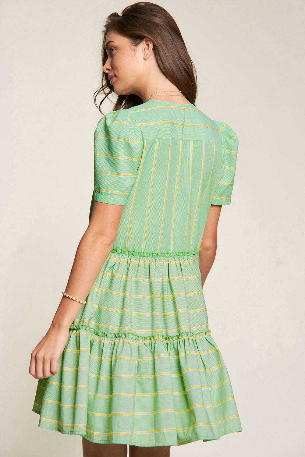 Green Stripe V Neck Short Sleeve Frilled Detail A-line Dress-TOPS / DRESSES-[Adult]-[Female]-2022 Online Blue Zone Planet