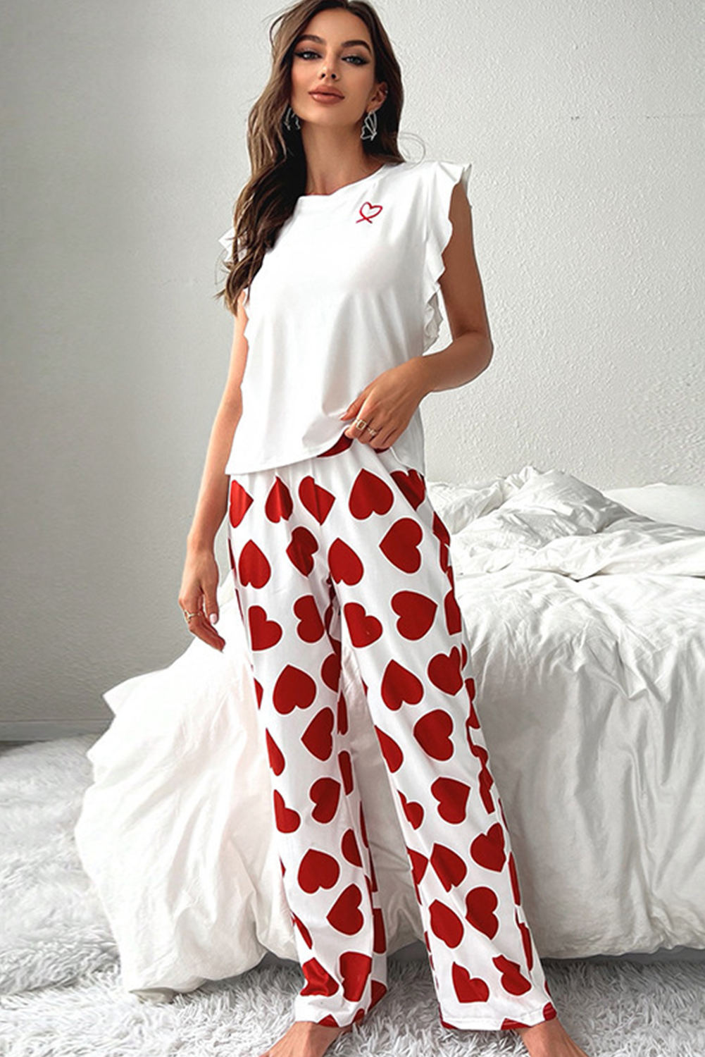 Pink Ruffled Tank Top And Heart Print Pants Lounge Set-Loungewear & Sleepwear/Loungewear-[Adult]-[Female]-2022 Online Blue Zone Planet