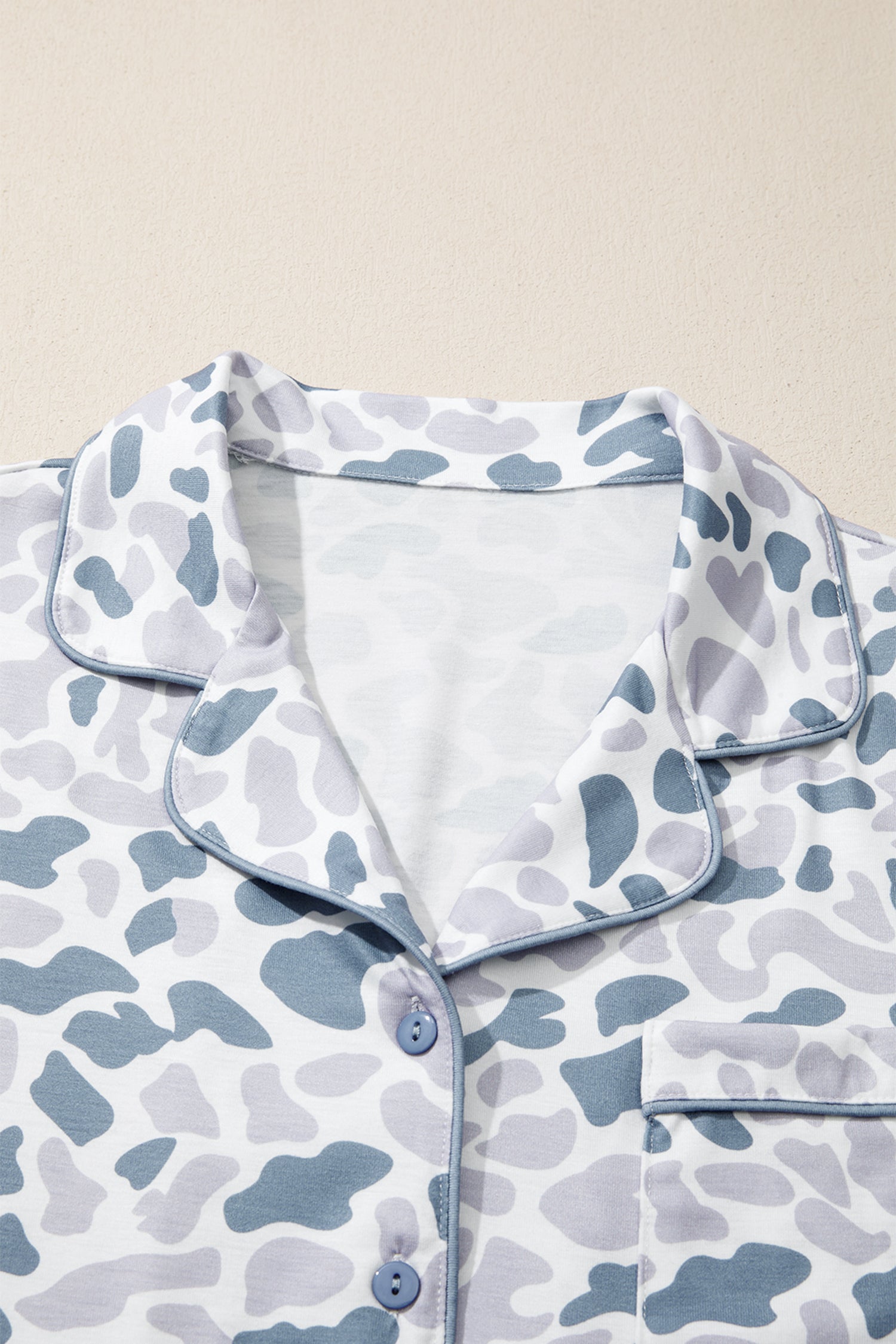 Beige Camouflage Print Lapel Shirt Drawstring 2pcs Short Pajama Set-Loungewear & Sleepwear/Sleepwear-[Adult]-[Female]-2022 Online Blue Zone Planet