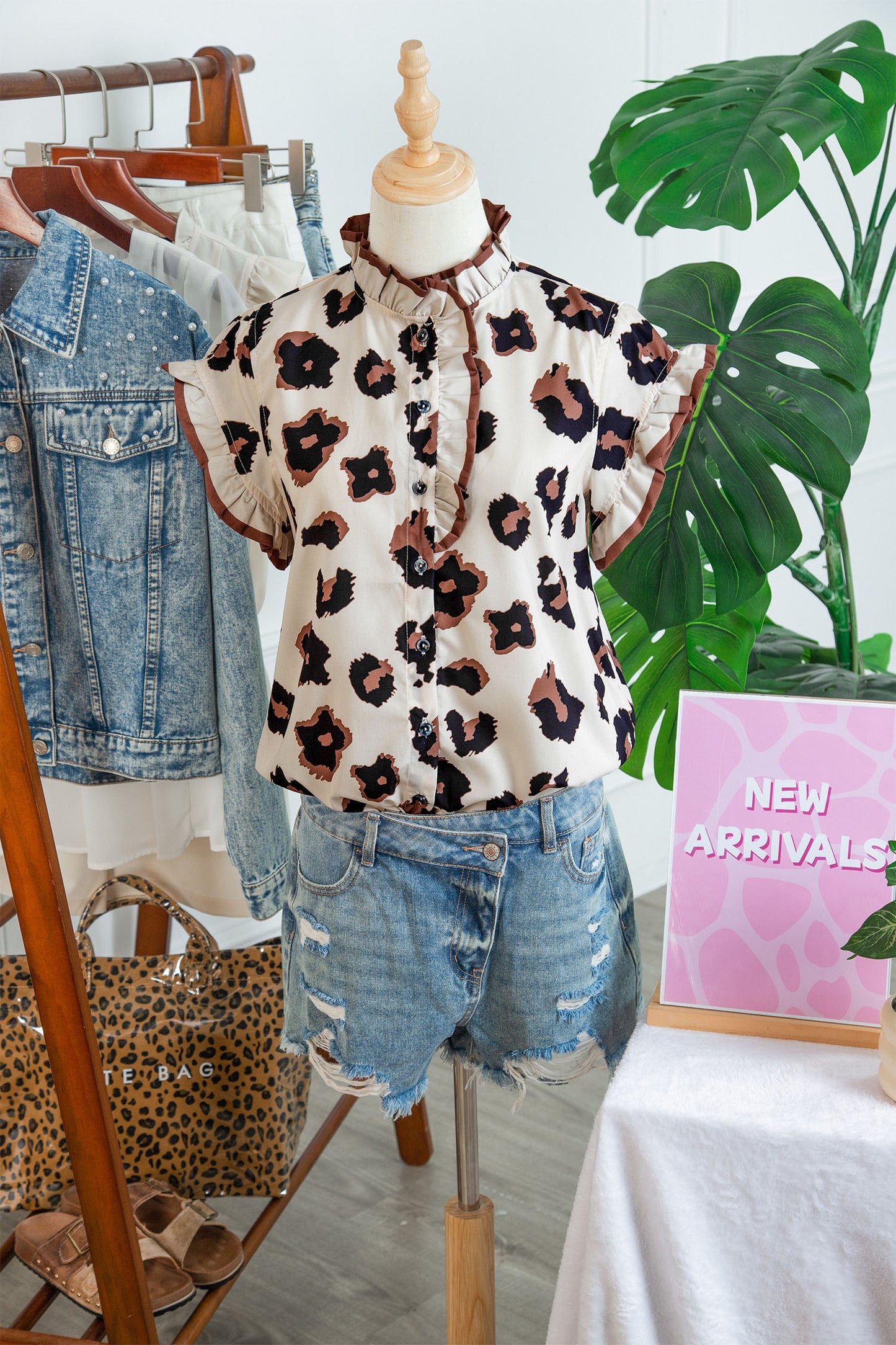 Khaki Leopard Printed Ruffle Sleeve Summer Blouse-Tops/Blouses & Shirts-[Adult]-[Female]-2022 Online Blue Zone Planet