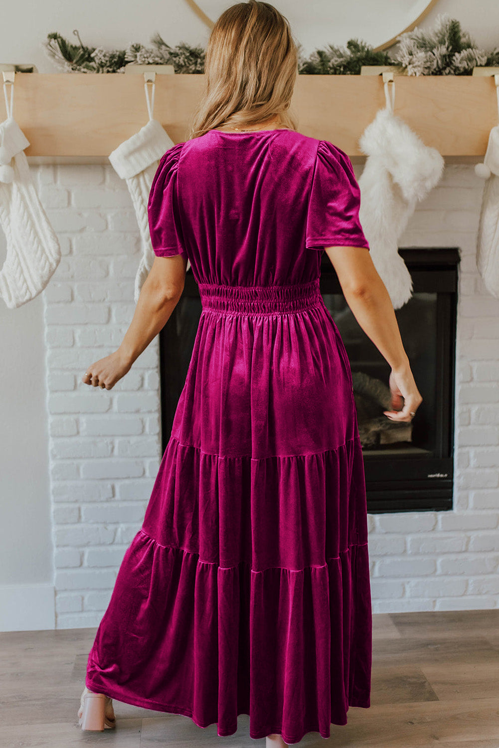 Red Dahlia Velvet Short Sleeve Shirred Waist Tiered Maxi Dress-Dresses/Maxi Dresses-[Adult]-[Female]-2022 Online Blue Zone Planet