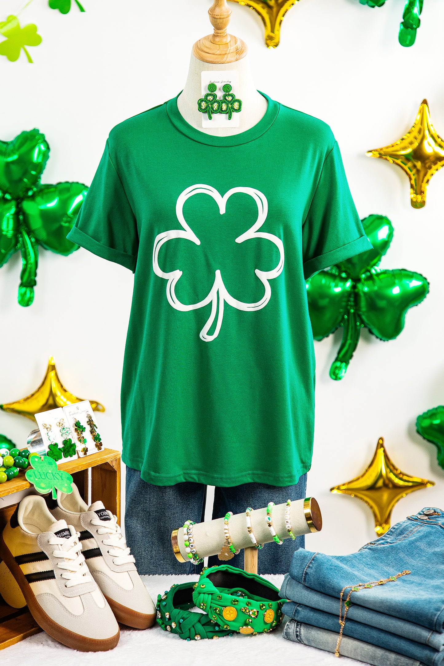 Bright Green St Patricks Day Lucky Shamrock Printed Casual Tee-Graphic/Graphic Tees-[Adult]-[Female]-2022 Online Blue Zone Planet