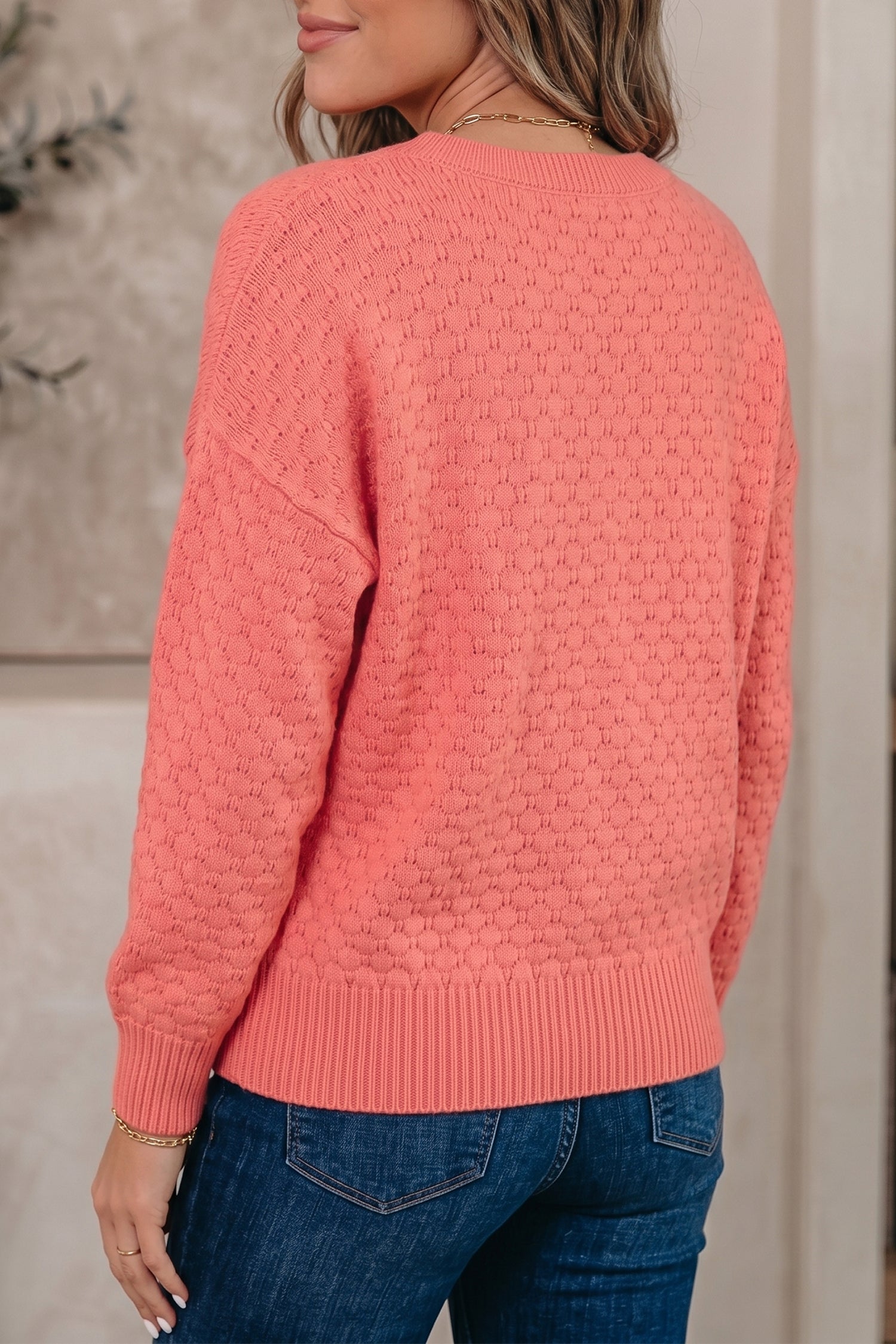 Coral Paradise Breathable Patterned Knit Drop Shoulder Pullover Sweater-Sweaters & Cardigans/Sweaters-[Adult]-[Female]-2022 Online Blue Zone Planet
