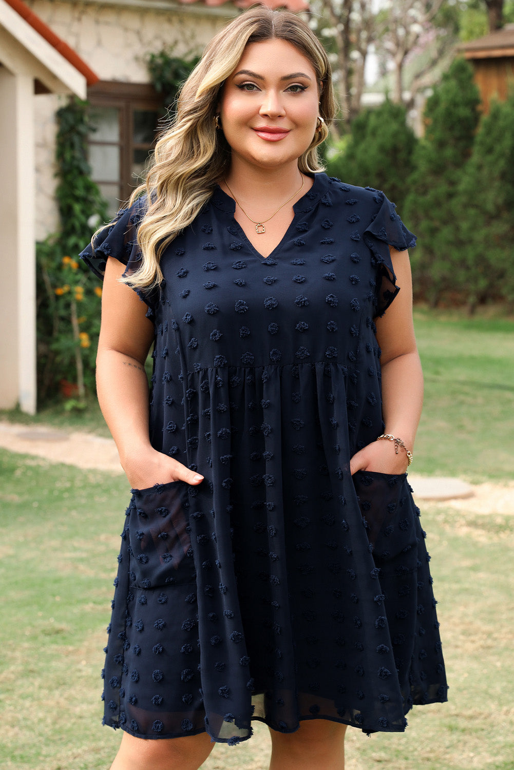 Navy Blue Dotty Textured Notched Neck Plus Ruffled Dress-TOPS / DRESSES-[Adult]-[Female]-2022 Online Blue Zone Planet
