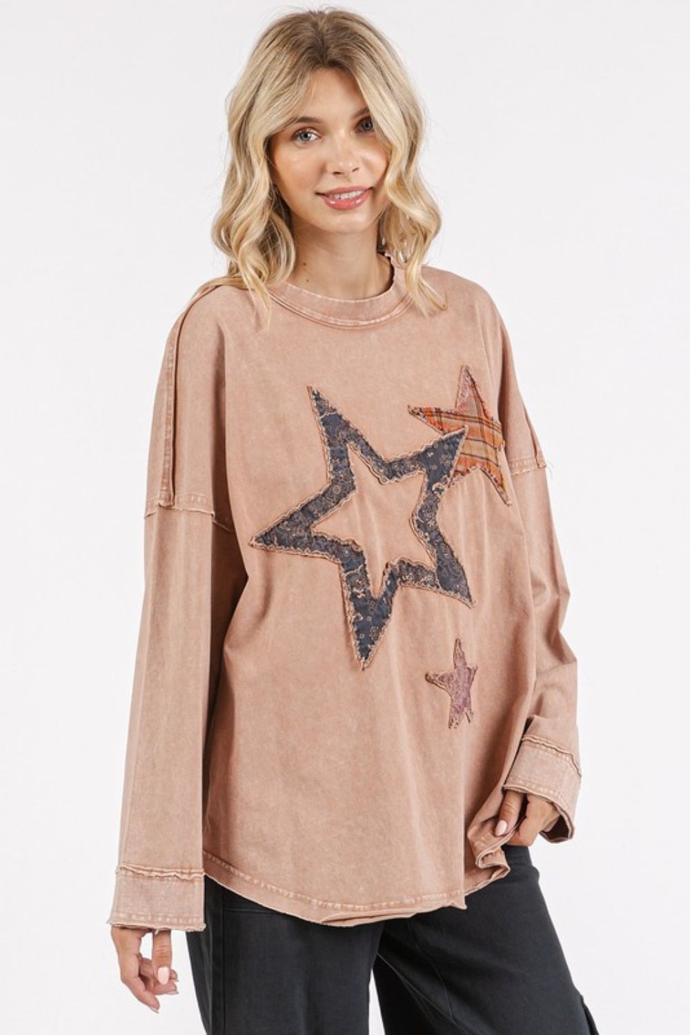 Mittoshop Mineral Wash Star Patch Long Sleeve T-Shirt-TOPS / DRESSES-[Adult]-[Female]-2022 Online Blue Zone Planet