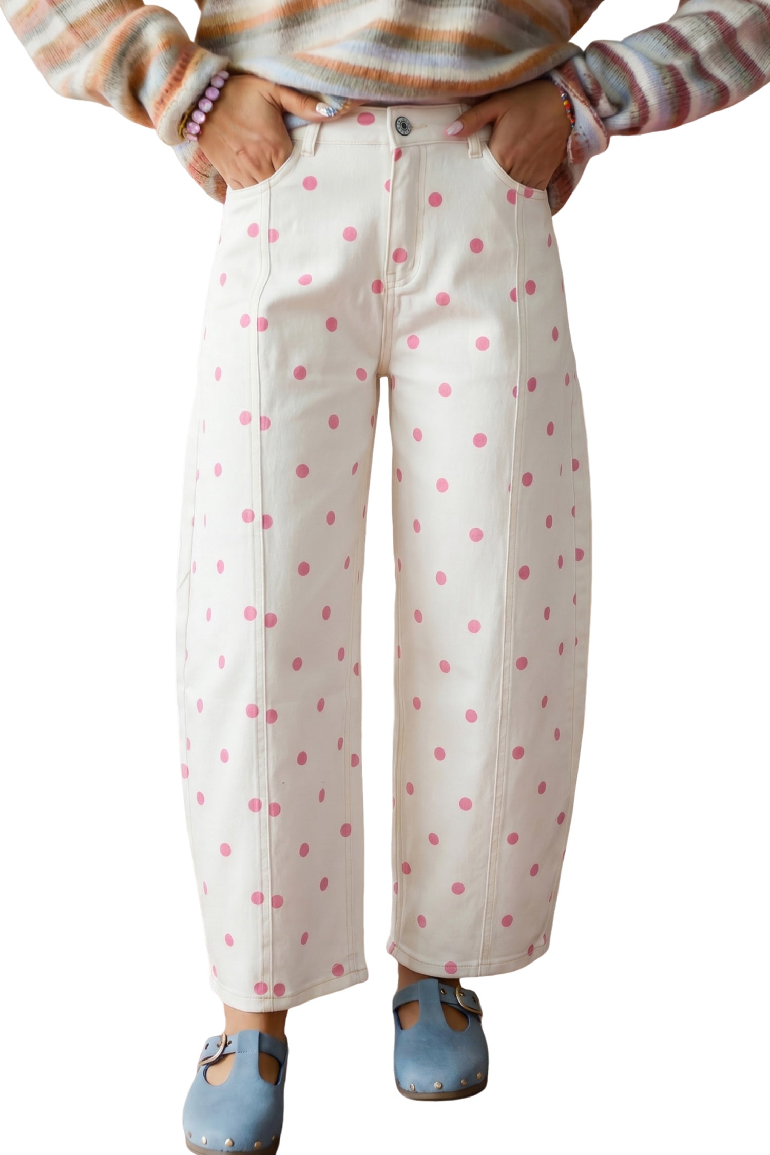 Pink Polka Dot Print Seam Detail Barrel Jeans-Bottoms/Jeans-[Adult]-[Female]-2022 Online Blue Zone Planet