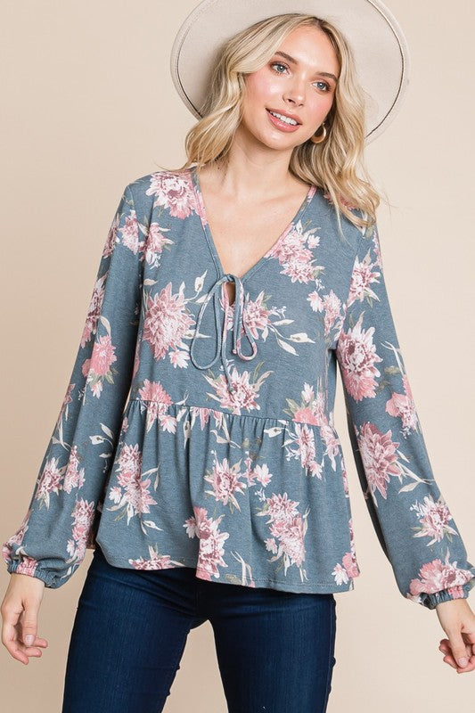 Blue Zone Planet | Super Lady Full Size Babydoll Floral Long Sleeve Blouse-TOPS / DRESSES-[Adult]-[Female]-Floral-S-2022 Online Blue Zone Planet