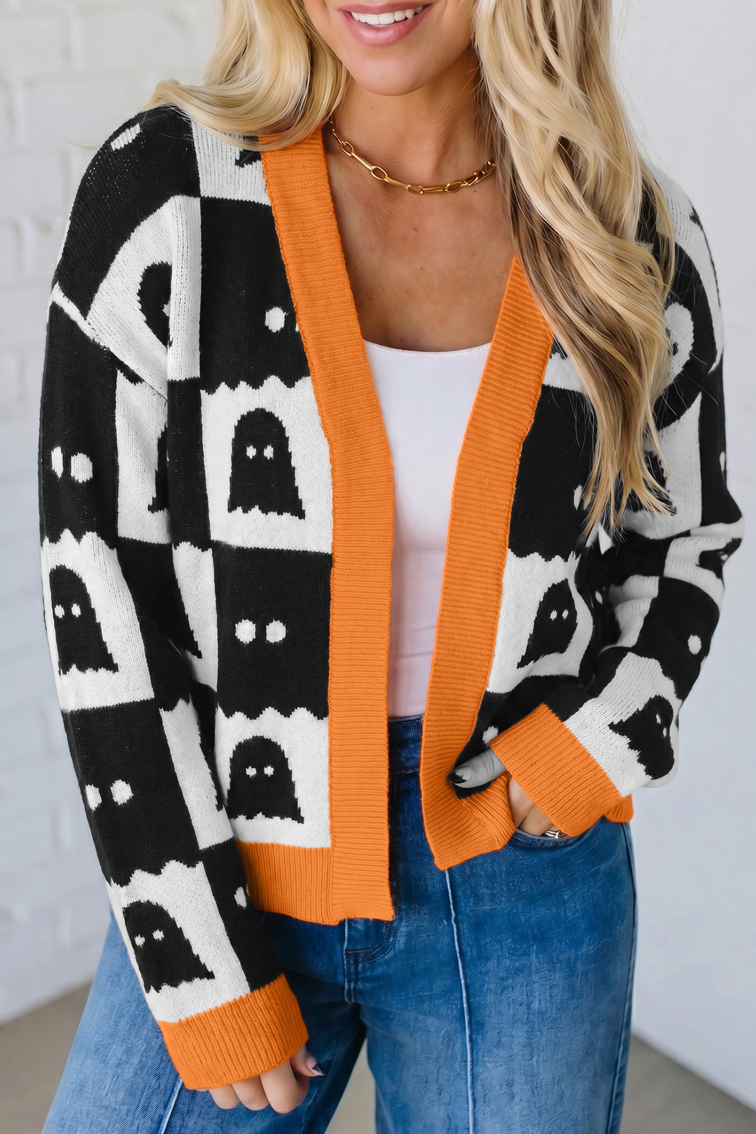 Black Geometric Ghost Print Drop Shoulder Knit Cardigan-Sweaters & Cardigans/Cardigans-[Adult]-[Female]-2022 Online Blue Zone Planet