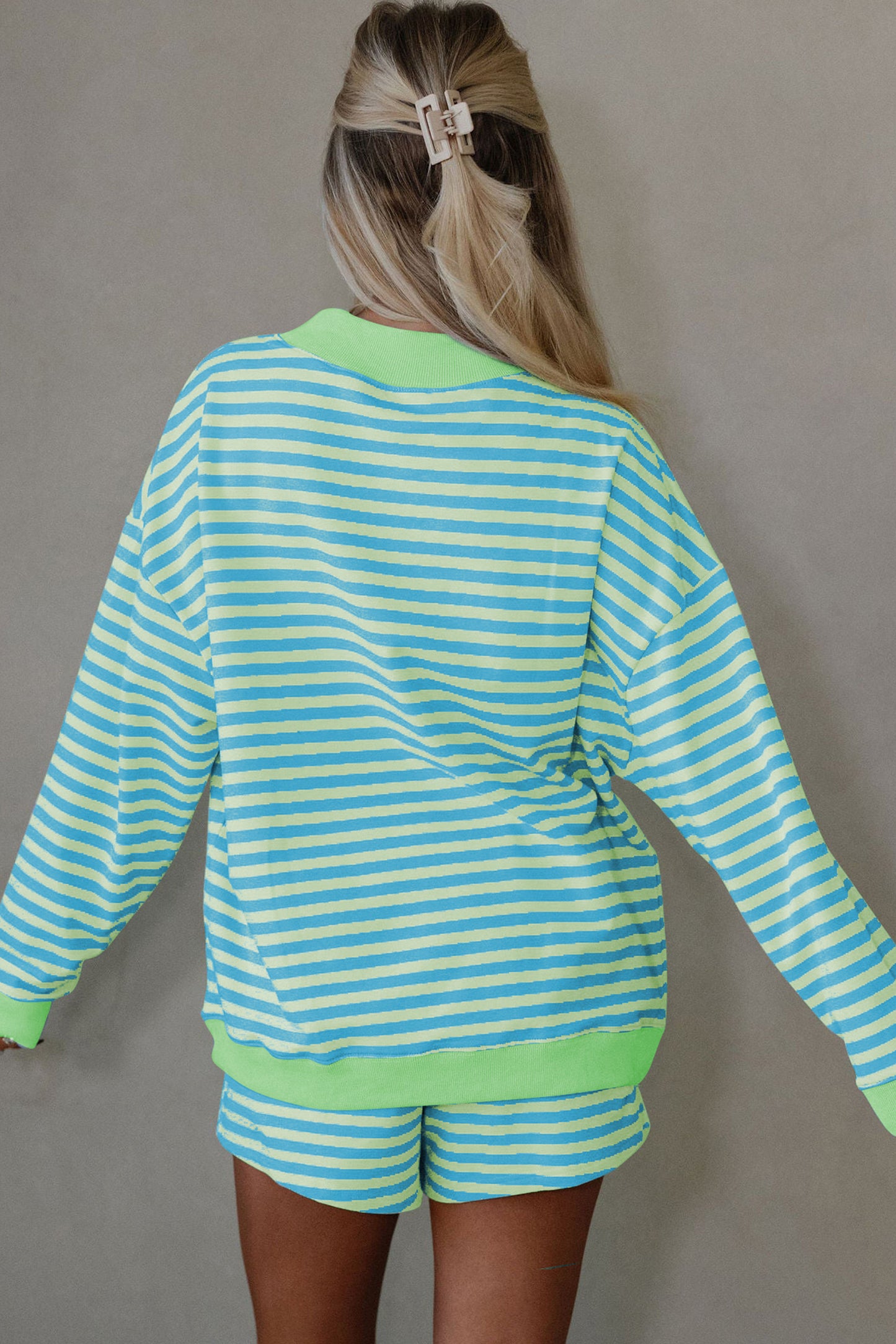 Pink Stripe Color Block Detail Long Sleeve Pullover Elastic Waist Pull On Shorts 2pcs Set-Two Piece Sets/Short Sets-[Adult]-[Female]-2022 Online Blue Zone Planet