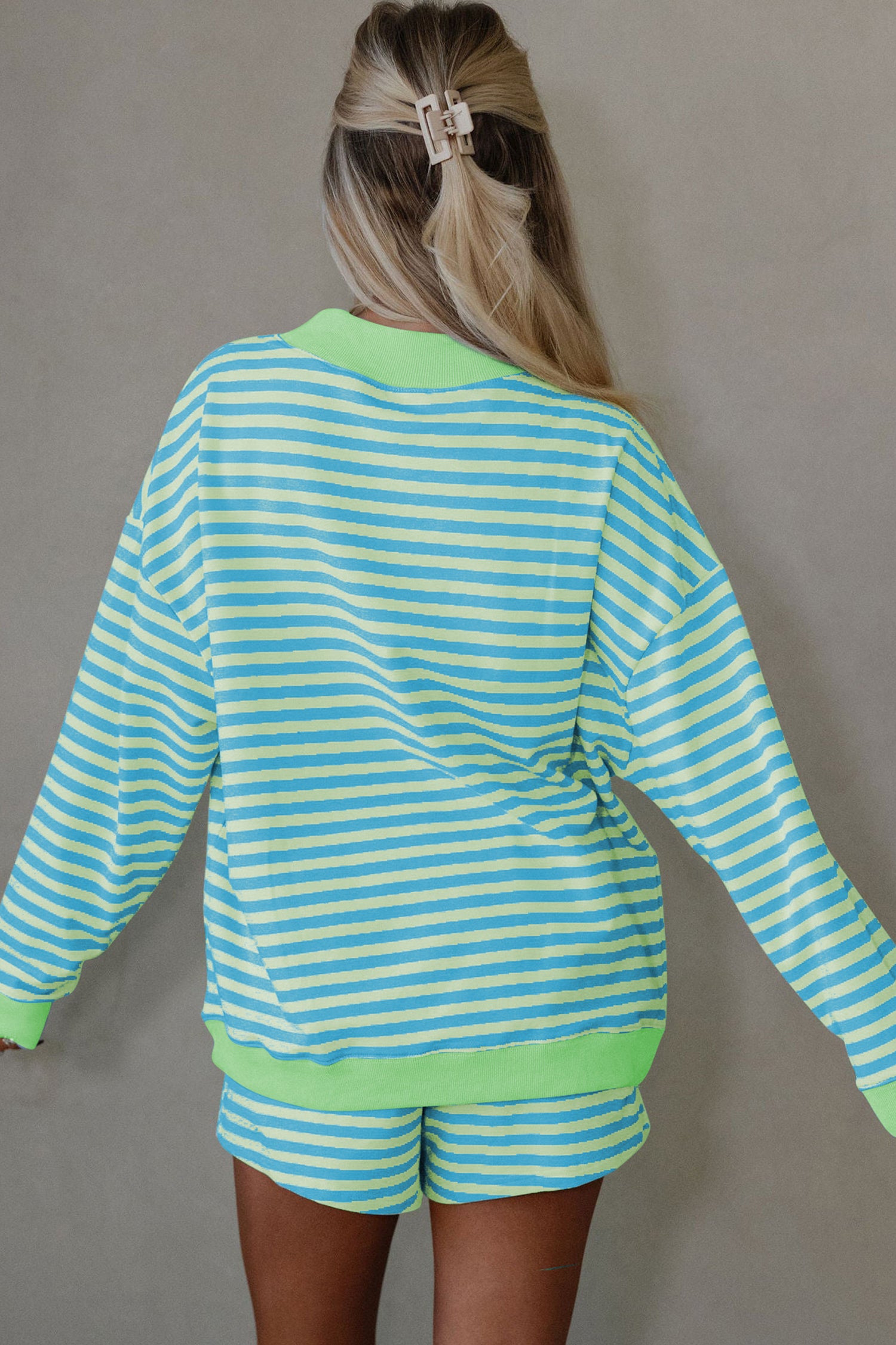 Pink Stripe Color Block Detail Long Sleeve Pullover Elastic Waist Pull On Shorts 2pcs Set-Two Piece Sets/Short Sets-[Adult]-[Female]-2022 Online Blue Zone Planet