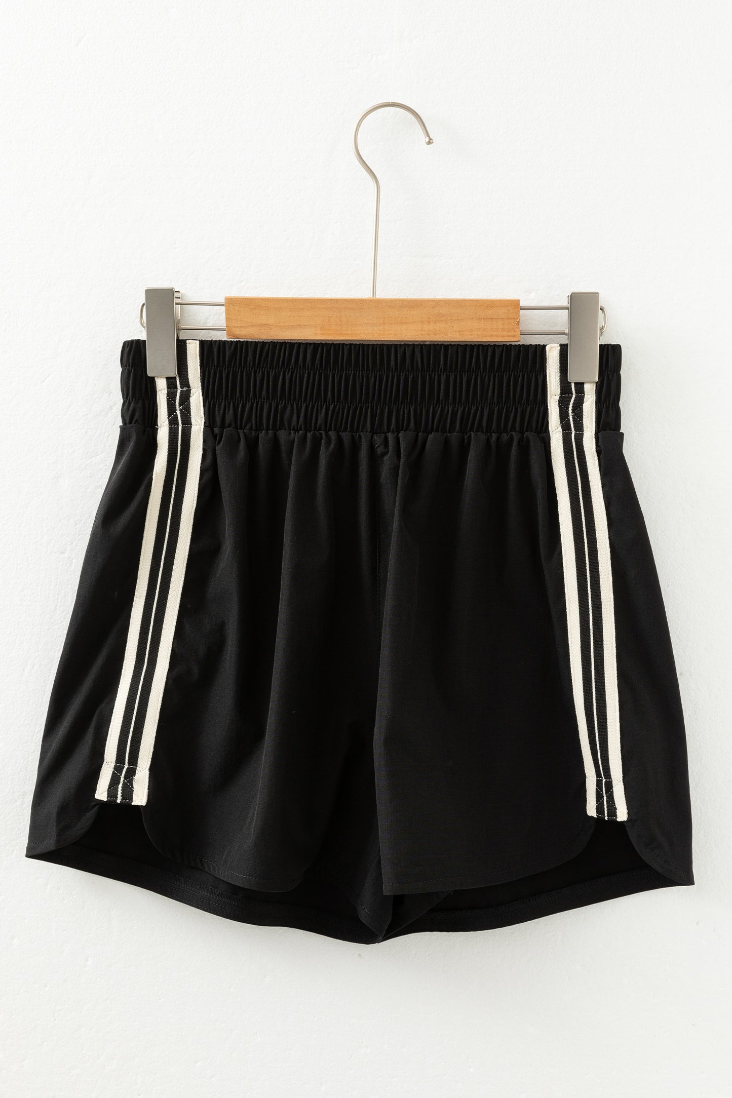 Black Elastic Waist Varsity Striped Detail Athleisure Shorts-Bottoms/Casual Shorts-[Adult]-[Female]-2022 Online Blue Zone Planet