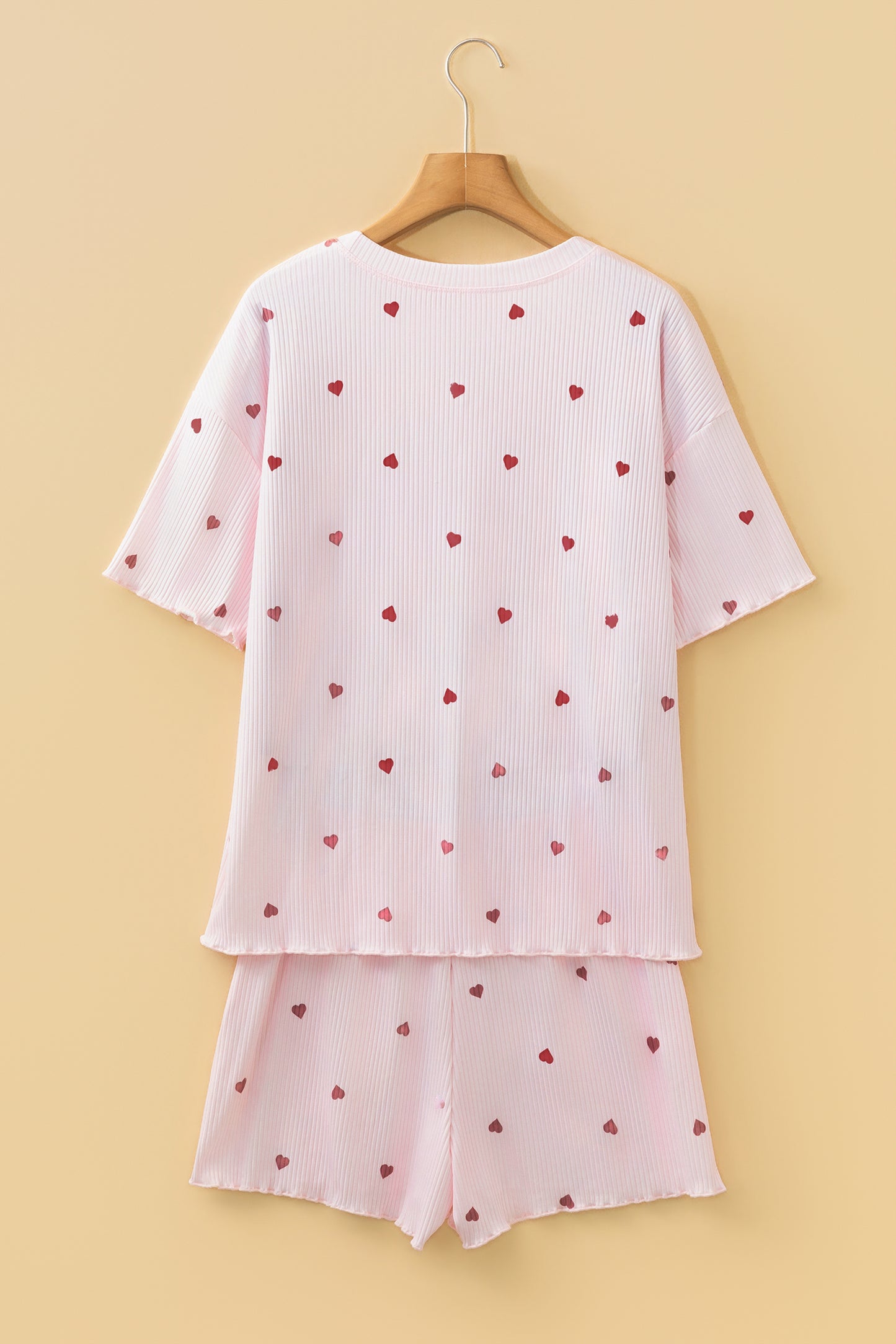 Light Pink Valentine Heart Shape Print Ribbed Knit Short Lounge Set-Loungewear & Sleepwear/Loungewear-[Adult]-[Female]-2022 Online Blue Zone Planet