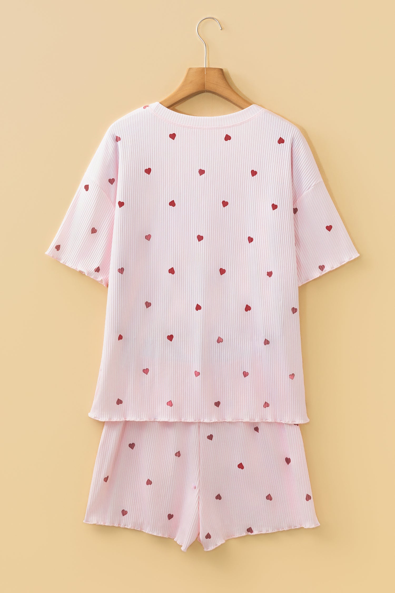Light Pink Valentine Heart Shape Print Ribbed Knit Short Lounge Set-Loungewear & Sleepwear/Loungewear-[Adult]-[Female]-2022 Online Blue Zone Planet
