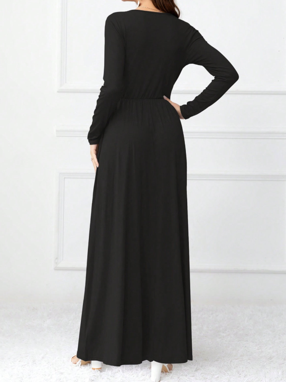 Pocketed Surplice Long Sleeve Maxi Dress-TOPS / DRESSES-[Adult]-[Female]-2022 Online Blue Zone Planet