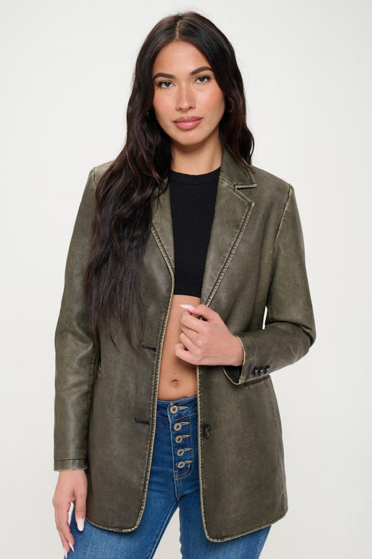 Coalition LA Single-Breasted Vegan Leather Blazer-TOPS / DRESSES-[Adult]-[Female]-Olive Brown-S-2022 Online Blue Zone Planet