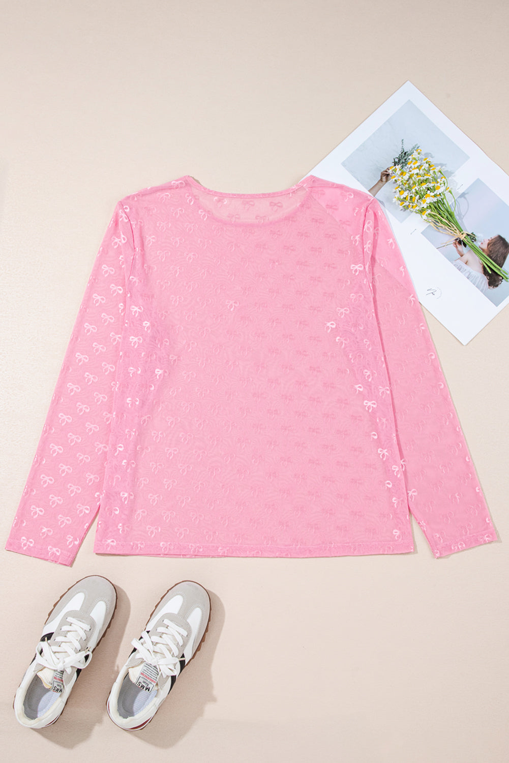 Pink Plus Size Bow Embroidered Mesh Long Sleeve Top-Plus Size/Plus Size Tops/Plus Size Long Sleeve Tops-[Adult]-[Female]-2022 Online Blue Zone Planet