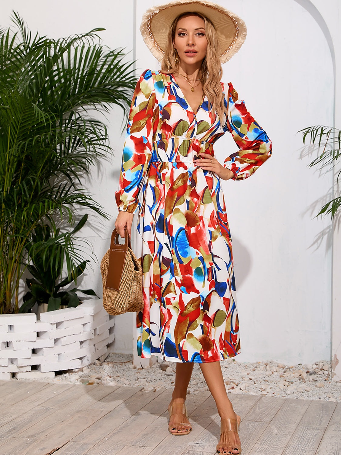 Printed Surplice Long Sleeve Midi Dress-TOPS / DRESSES-[Adult]-[Female]-2022 Online Blue Zone Planet