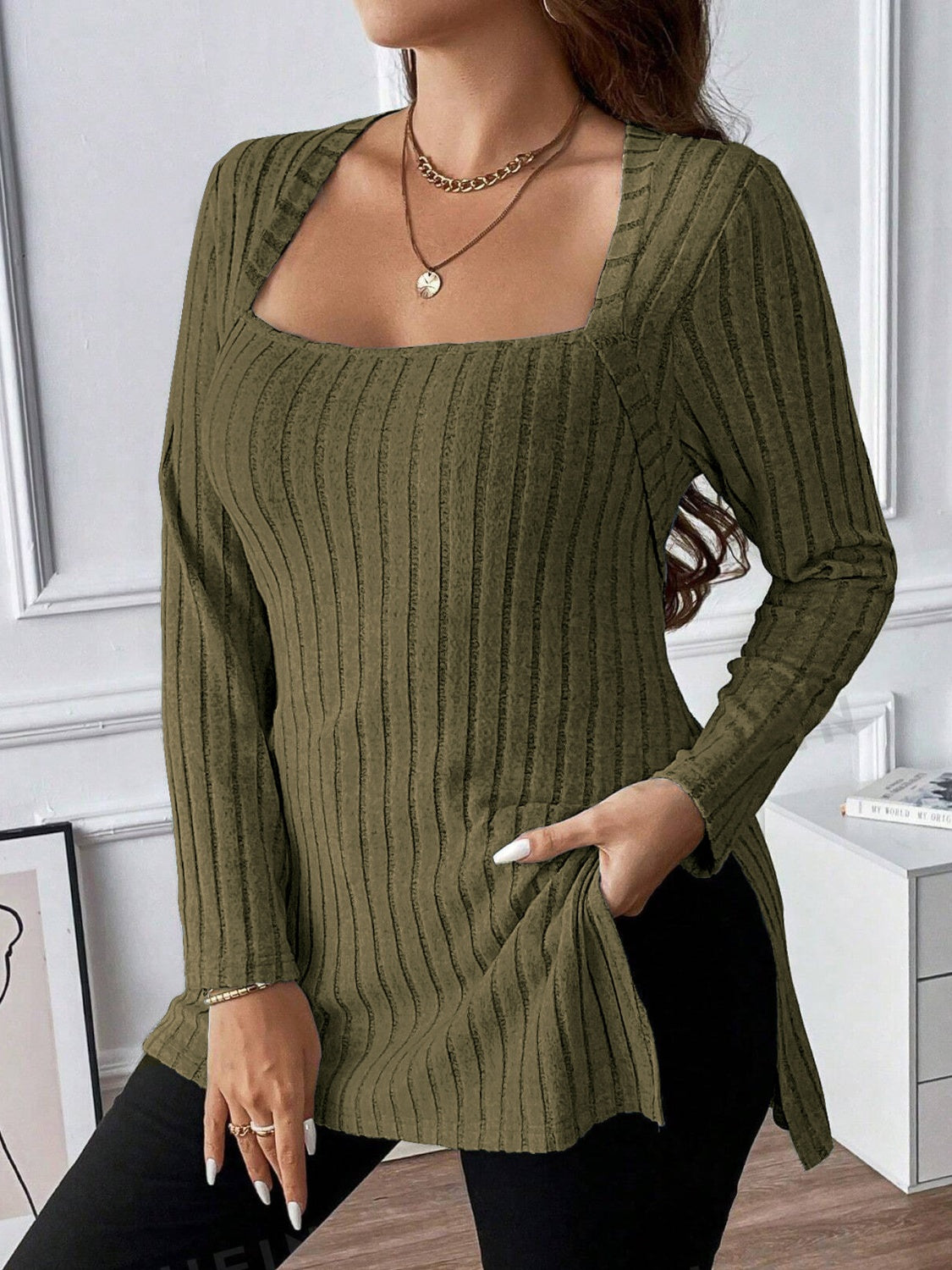 Plus Size Square Neck Long Sleeve Top-TOPS / DRESSES-[Adult]-[Female]-2022 Online Blue Zone Planet