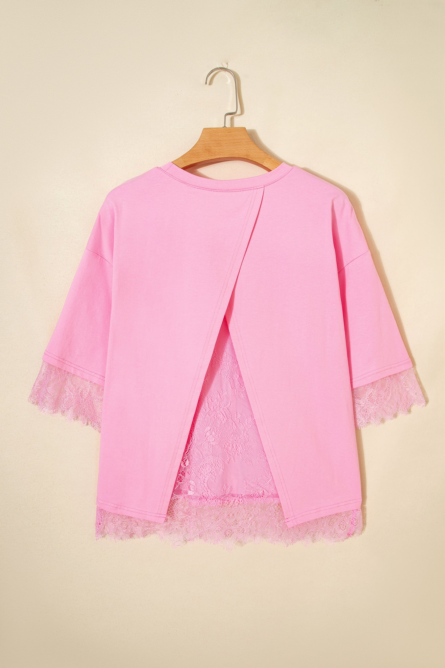 Pink Eyelash Floral Lace Patchwork Half Sleeve Oversize Tee-Tops/Tops & Tees-[Adult]-[Female]-2022 Online Blue Zone Planet