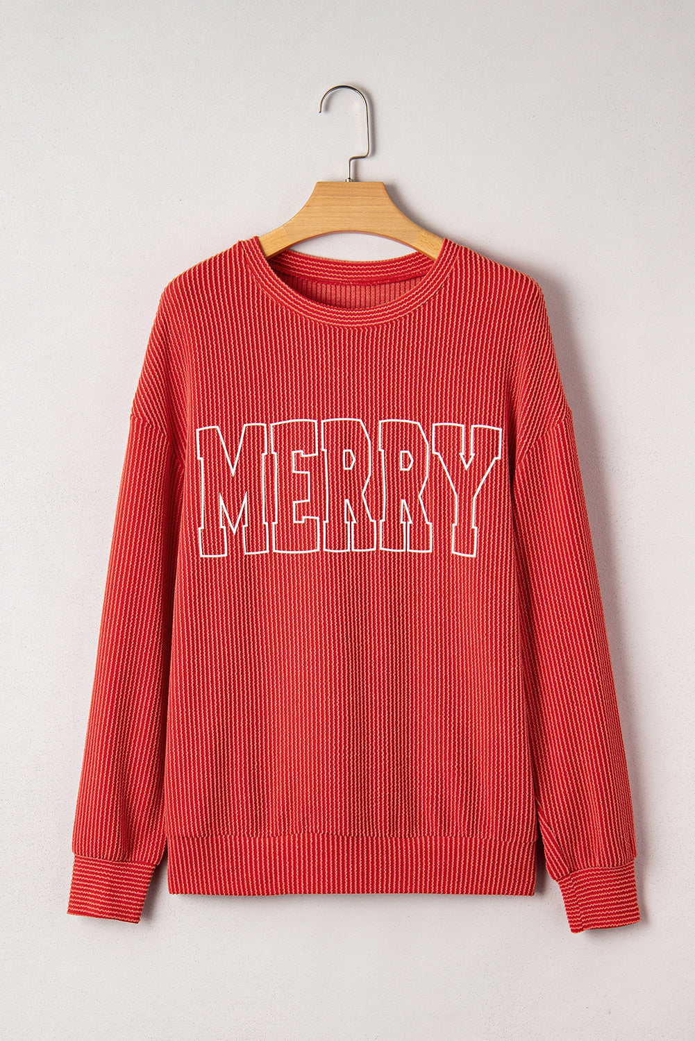 Fiery Red Twisted Rib Outlined Merry Letter Graphic Loose Long Sleeve Top-Tops/Long Sleeve Tops-[Adult]-[Female]-2022 Online Blue Zone Planet