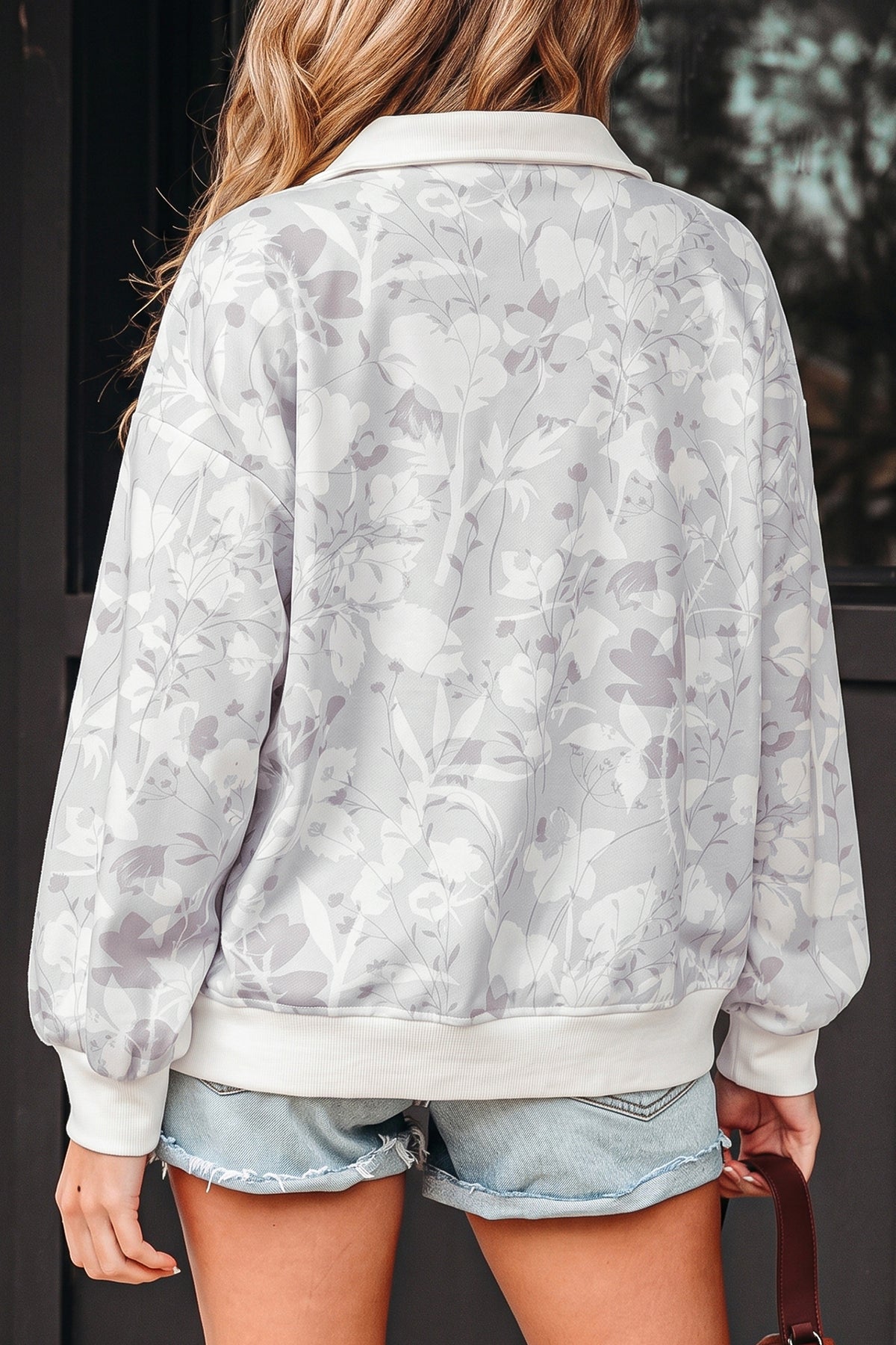 Gray Floral Print Quarter Zip Stand Neck Long Sleeve Sweatshirt-Tops/Sweatshirts & Hoodies-[Adult]-[Female]-2022 Online Blue Zone Planet