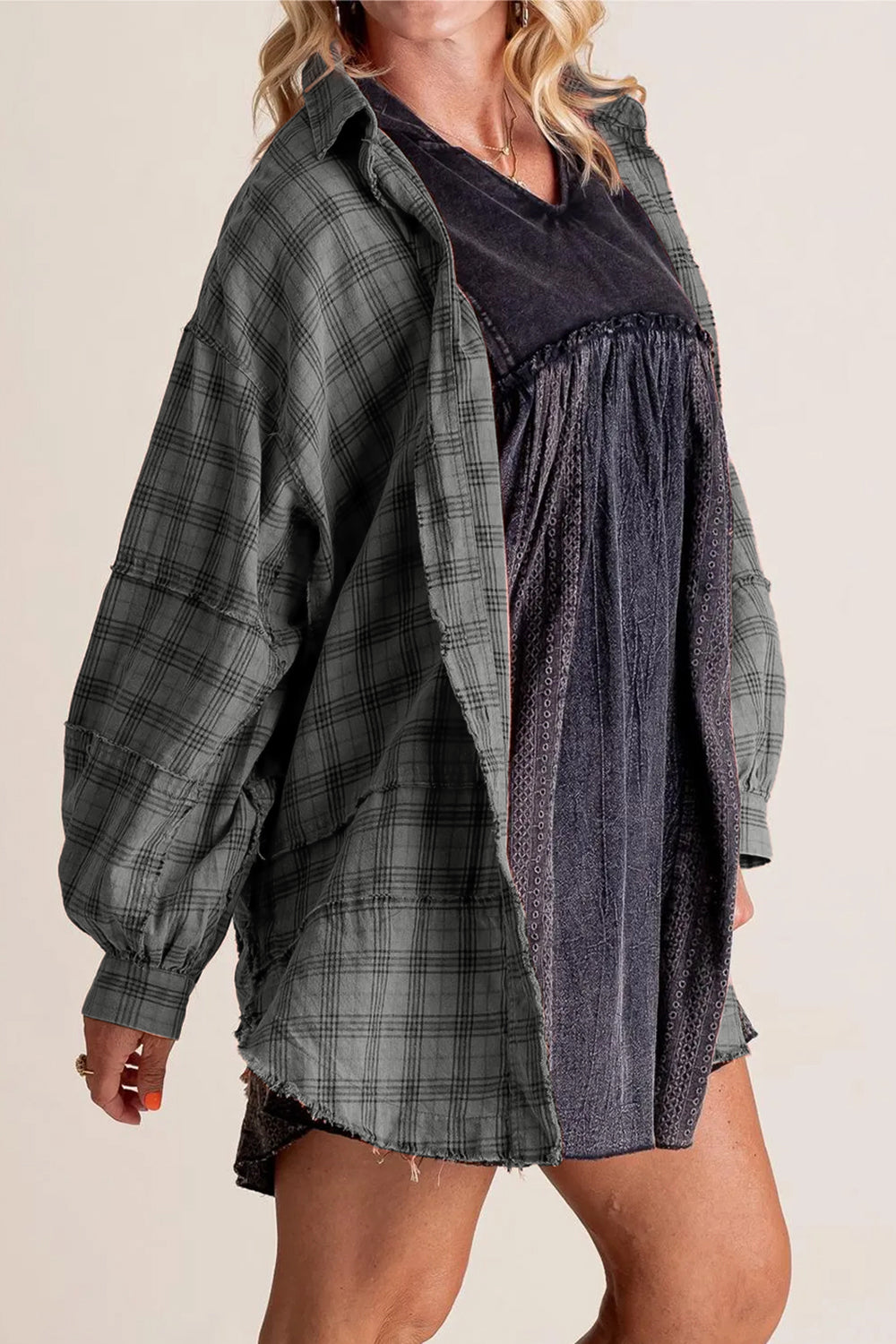 Blue Zone Planet | Exposed Seam Plaid Collared Neck Long Sleeve Shirt-SWEATERS-[Adult]-[Female]-Dark Gray-S-2022 Online Blue Zone Planet