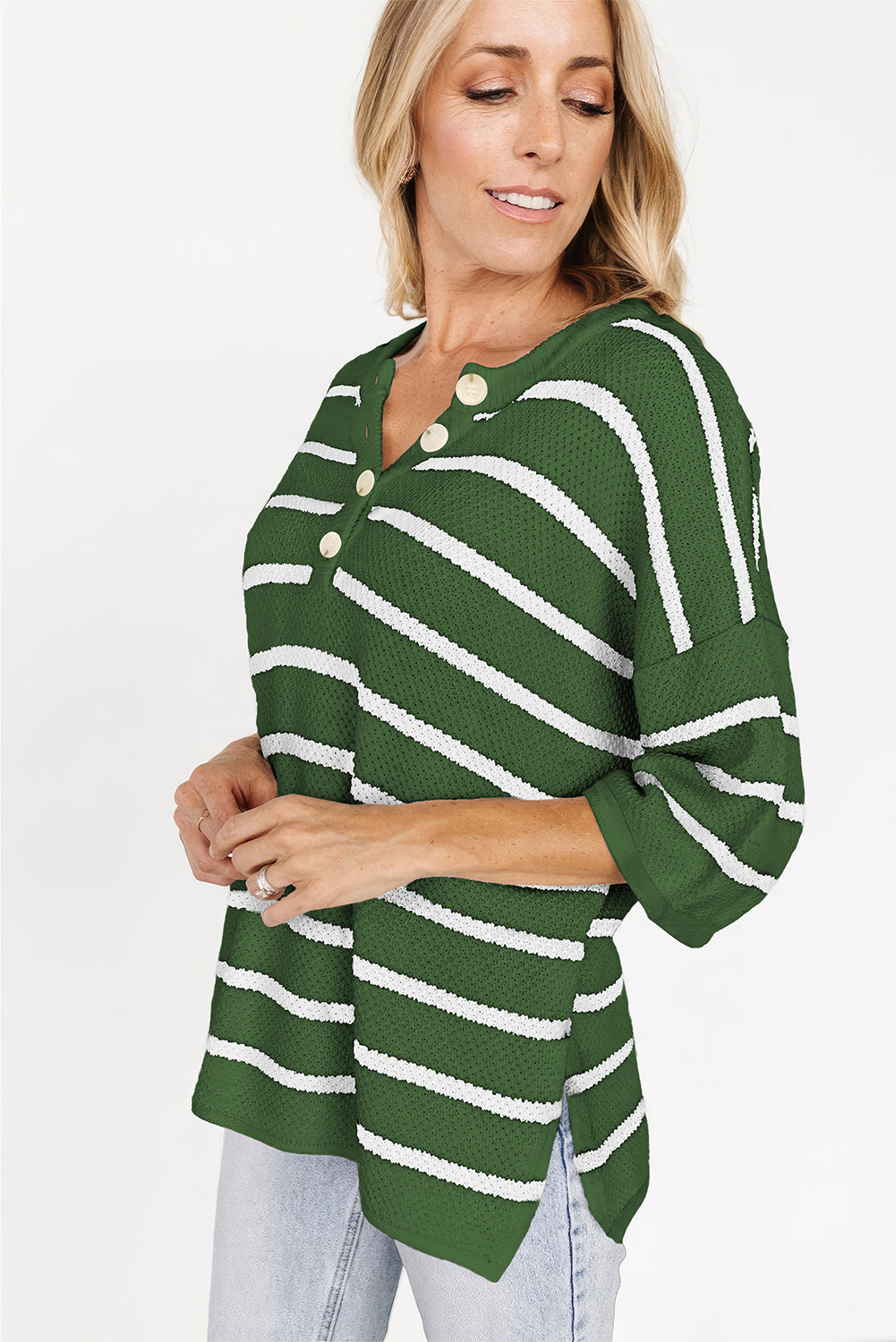 Green Stripe Henley Buttoned Placket Drop Shoulder Bracelet Sleeve Knit Sweater Tee-Sweaters & Cardigans/Short Sleeve Sweaters-[Adult]-[Female]-2022 Online Blue Zone Planet