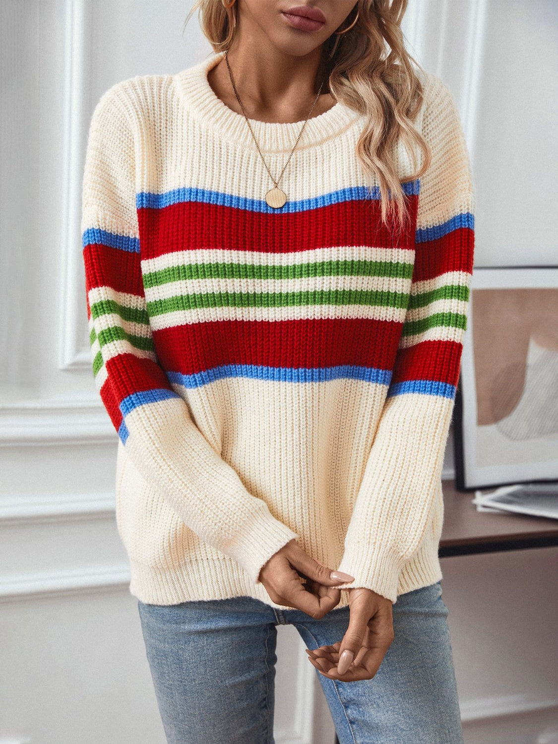 Contrast Stripes Round Neck Long Sleeve Sweater-TOPS / DRESSES-[Adult]-[Female]-2022 Online Blue Zone Planet