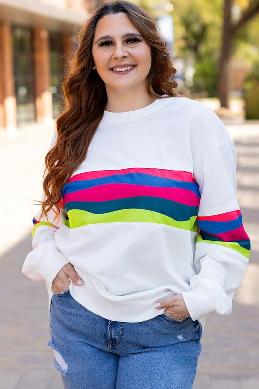 Blue Zone Planet | White Plus Size Colorful Striped Drop Shoulder Loose Sweatshirt-Plus Size/Plus Size Sweatshirts & Hoodies-[Adult]-[Female]-White-1X-2022 Online Blue Zone Planet