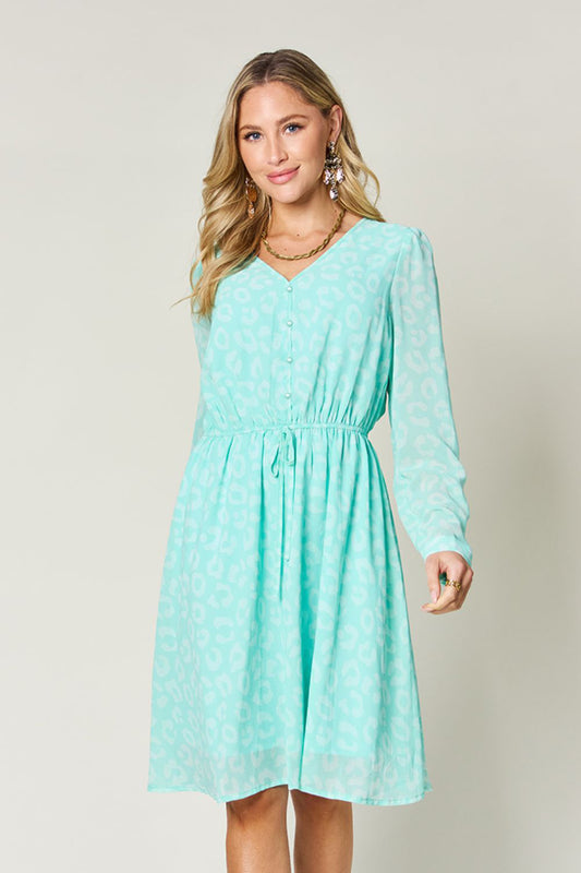 Double Take Full Size Printed Ruched V-Neck Long Sleeve Dress-TOPS / DRESSES-[Adult]-[Female]-Light Green-S-2022 Online Blue Zone Planet