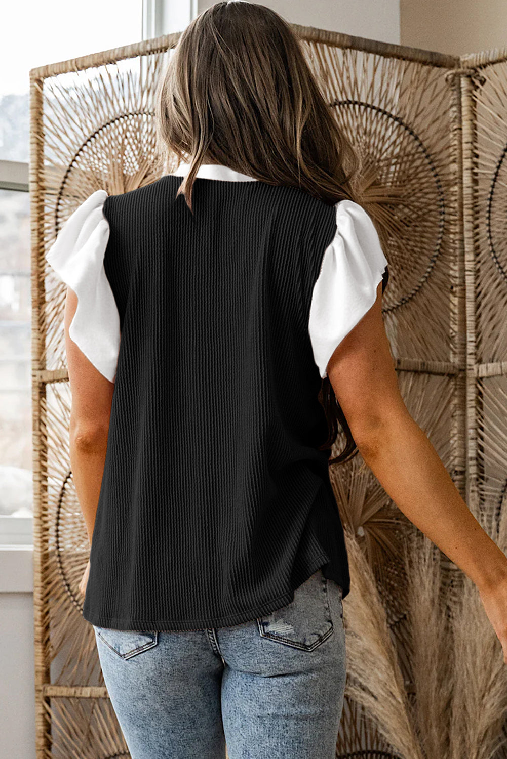 Black Plus Size Contrast Frilled Neckline Ruffled Short Sleeve Ribbed Textured Blouse-Plus Size/Plus Size Tops/Plus Size Blouses & Shirts-[Adult]-[Female]-2022 Online Blue Zone Planet