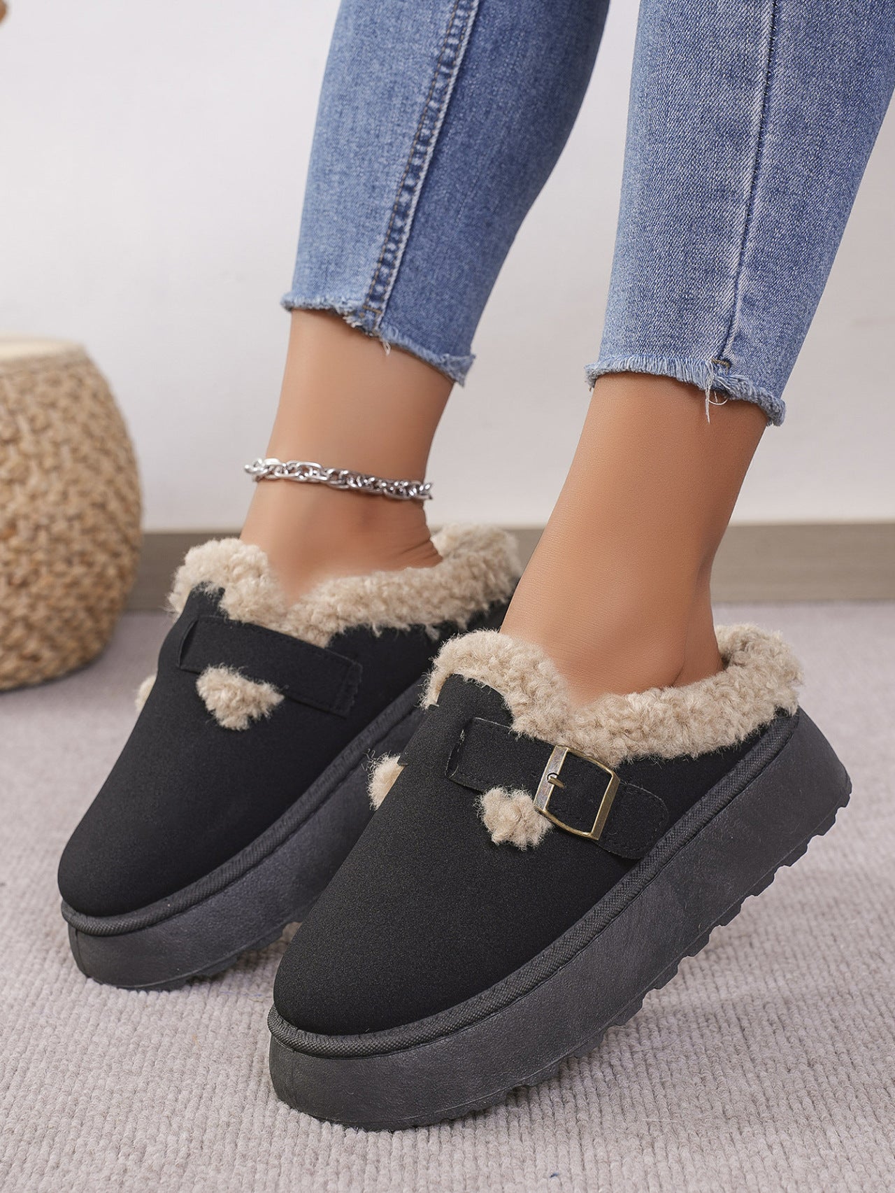 Blue Zone Planet | Thermal Fuzzy Buckle Platform Slippers-SHOES-[Adult]-[Female]-2022 Online Blue Zone Planet