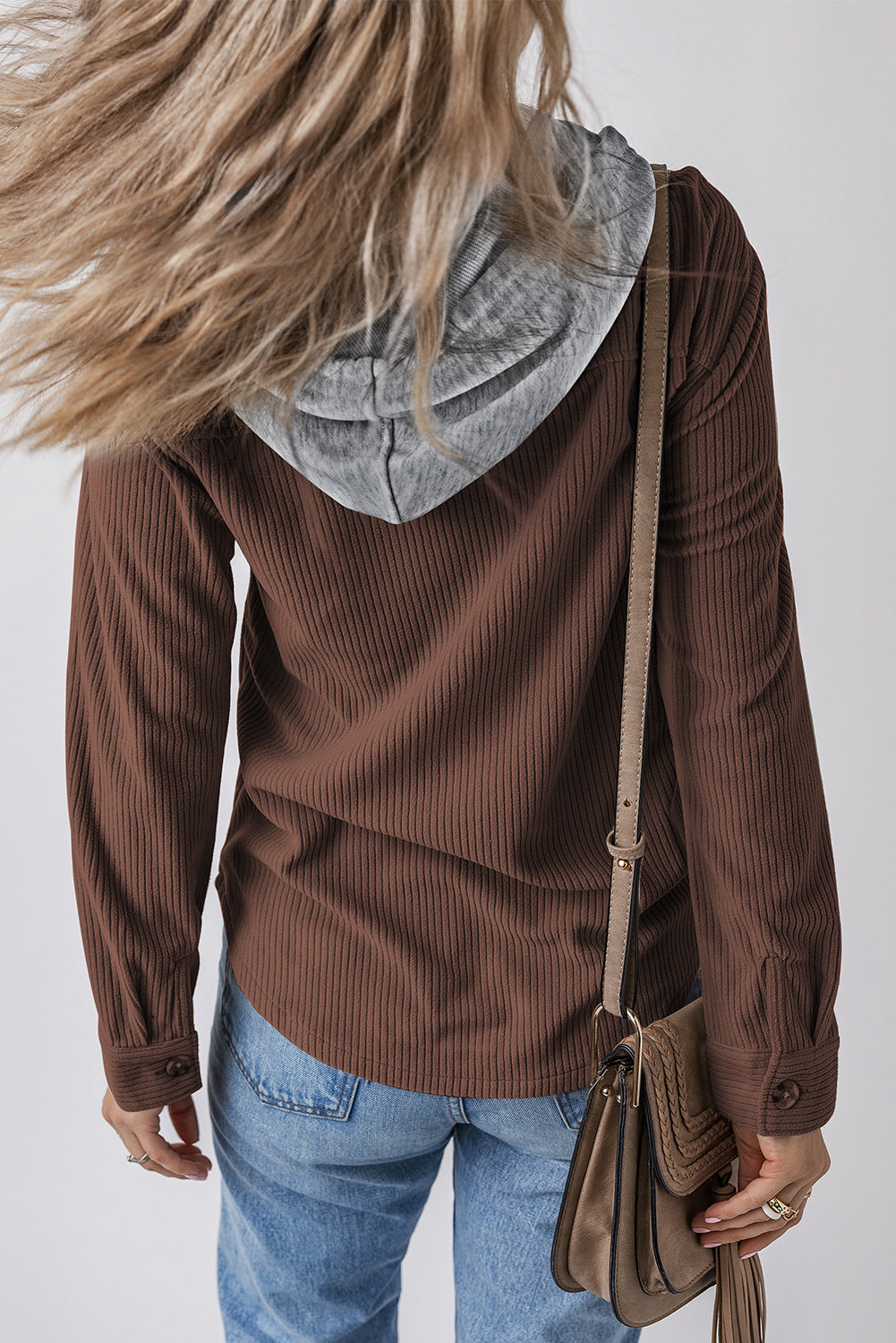 Coffee Hooded Drawstring Pockets Corduroy Shacket-Tops / Dresses-[Adult]-[Female]-2022 Online Blue Zone Planet